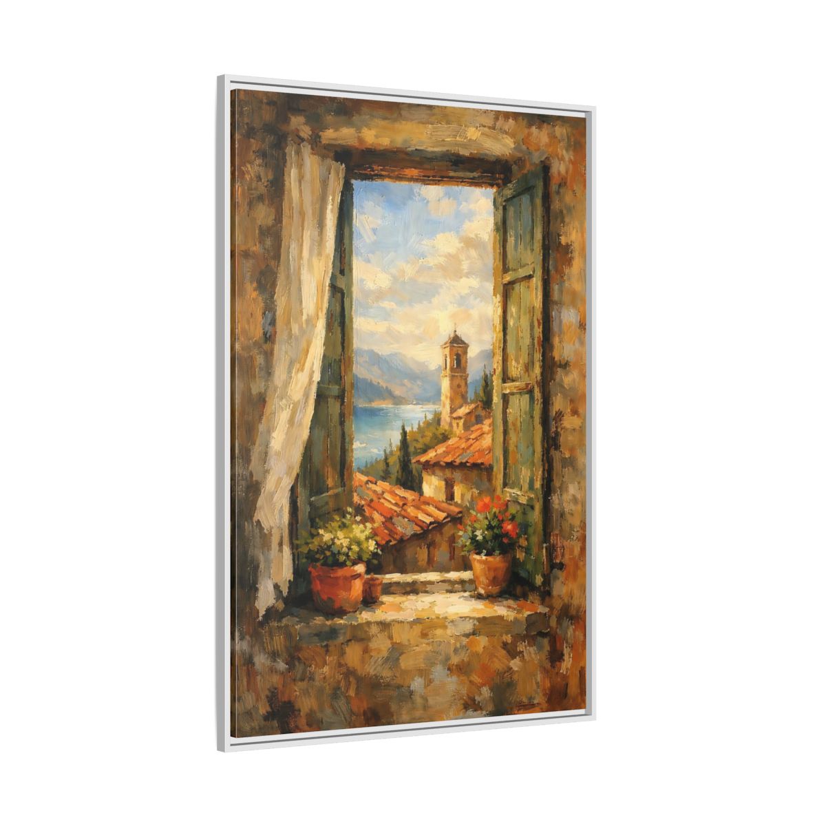 Side Mockup 7. Vintage Window View Mediterranean Window shown as stretched canvas wall art