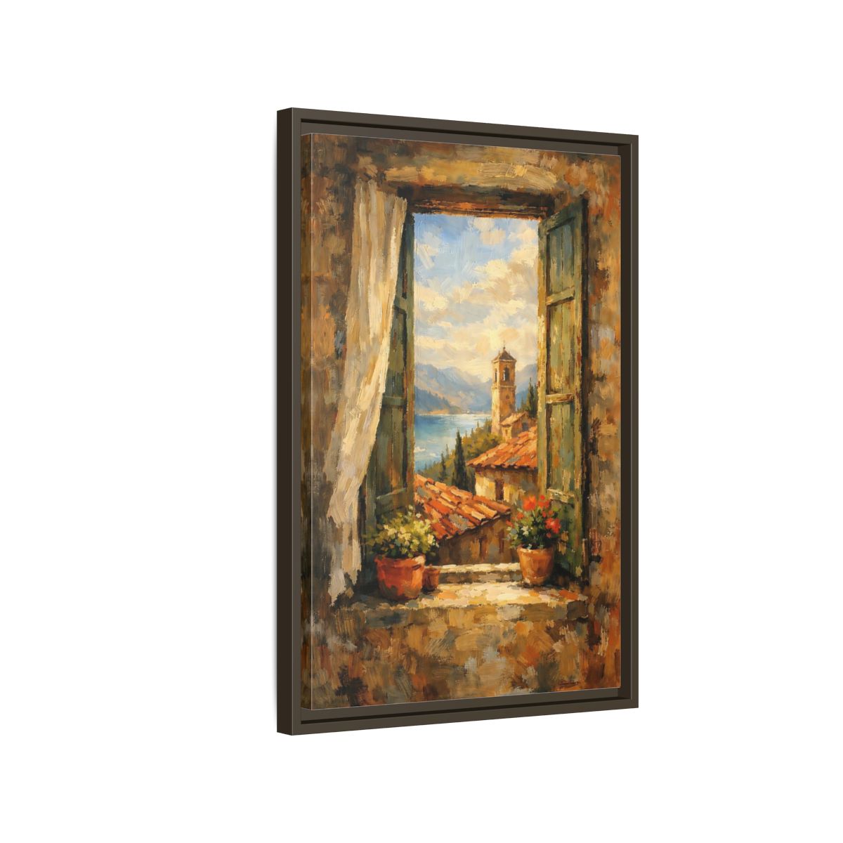 Side Mockup 2. Vintage Window View Mediterranean Window shown as stretched canvas wall art