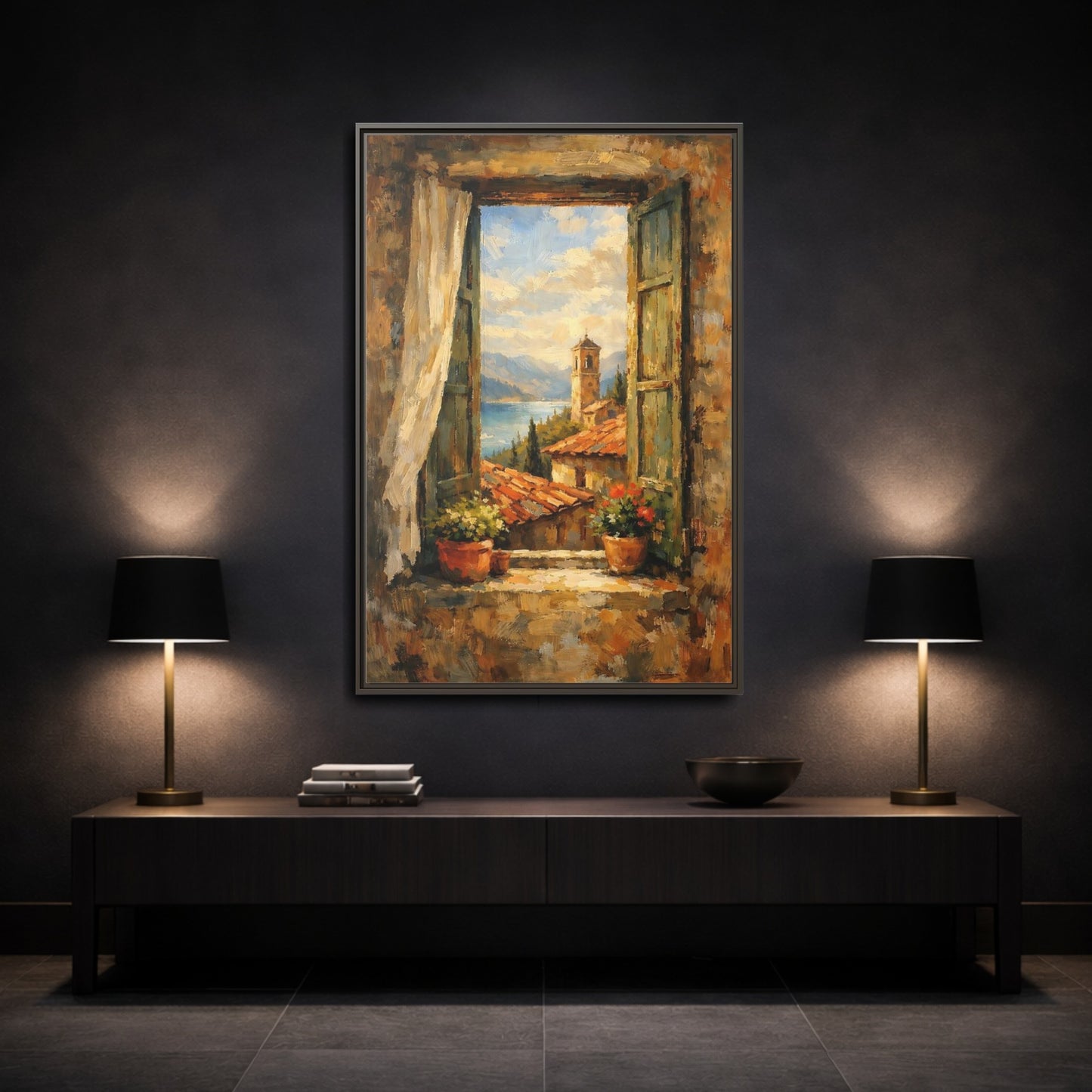 Mockup 2. Vintage Window View Mediterranean Window shown as stretched canvas wall art
