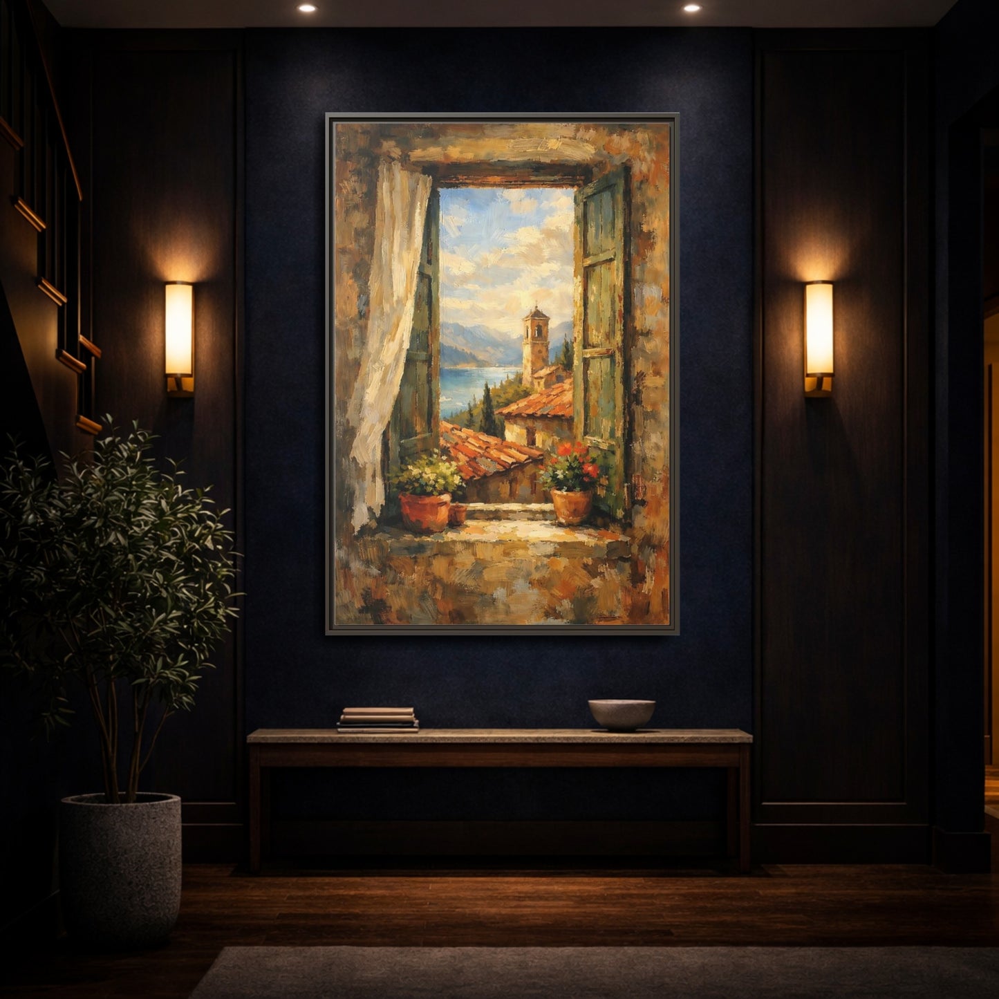 Mockup 3. Vintage Window View Mediterranean Window shown as stretched canvas wall art