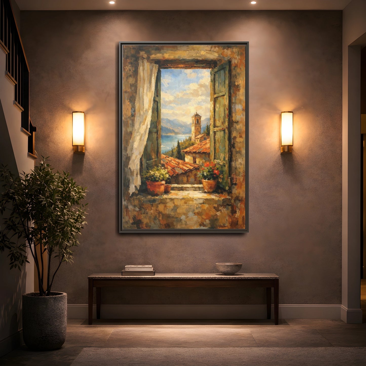 Mockup 4. Vintage Window View Mediterranean Window shown as stretched canvas wall art