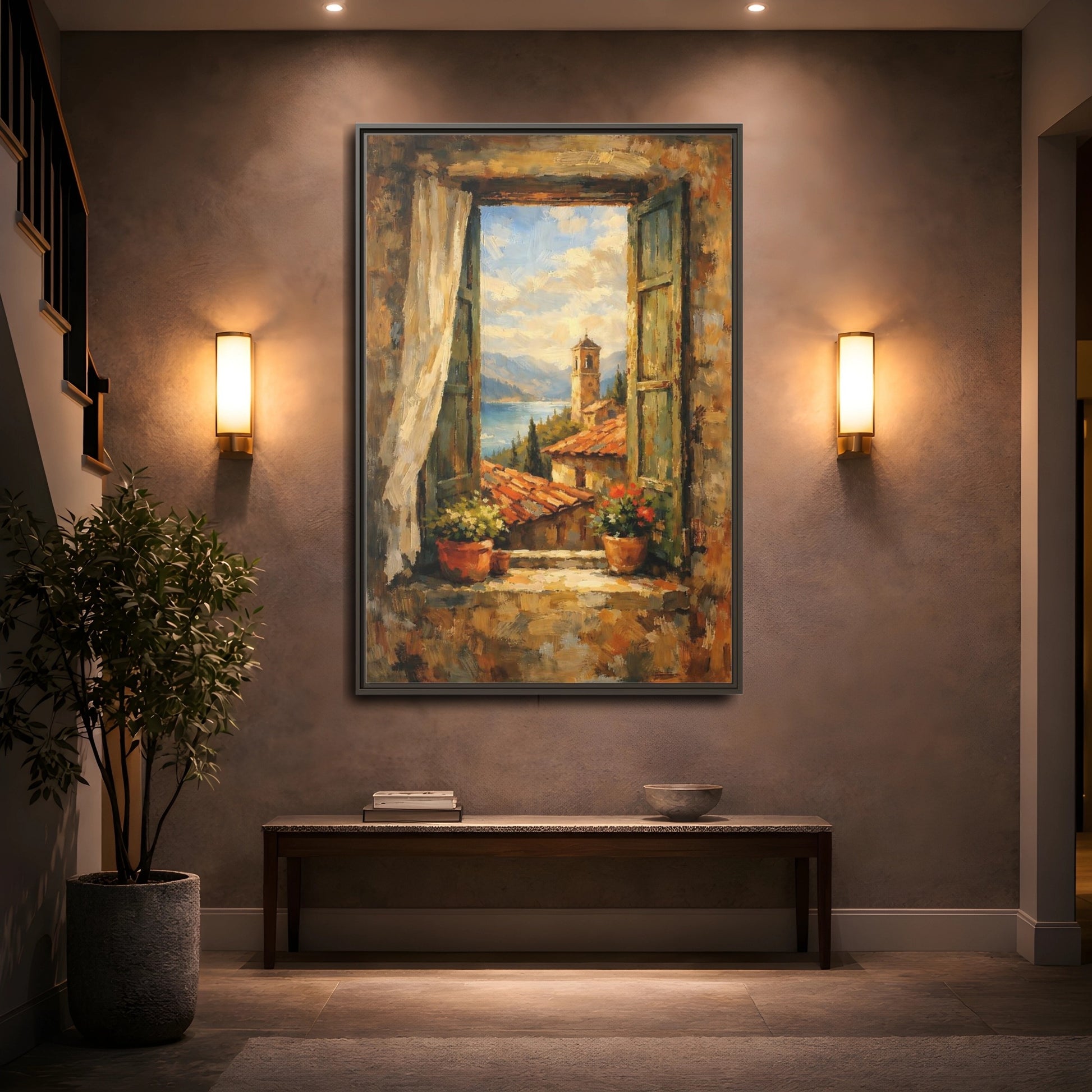 Mockup 4. Vintage Window View Mediterranean Window shown as stretched canvas wall art