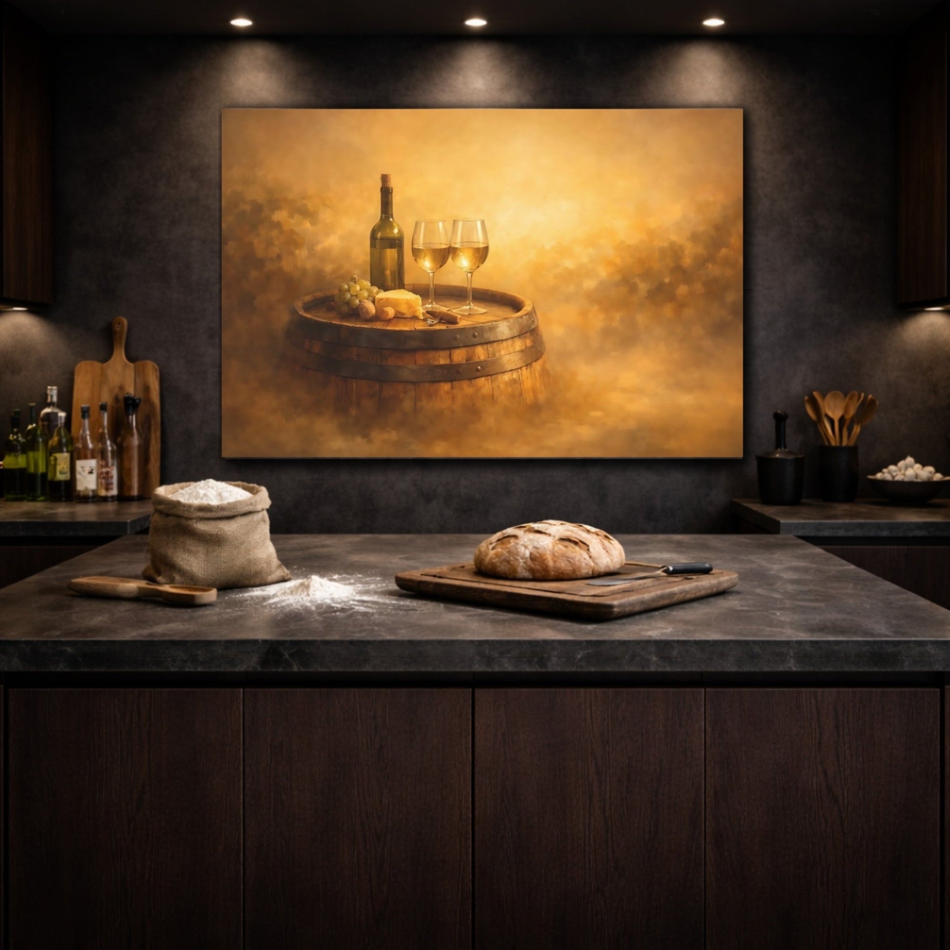 Vintage Wine And Cheese Golden Still Life - Canvas Wall Art Print - YesArtYes