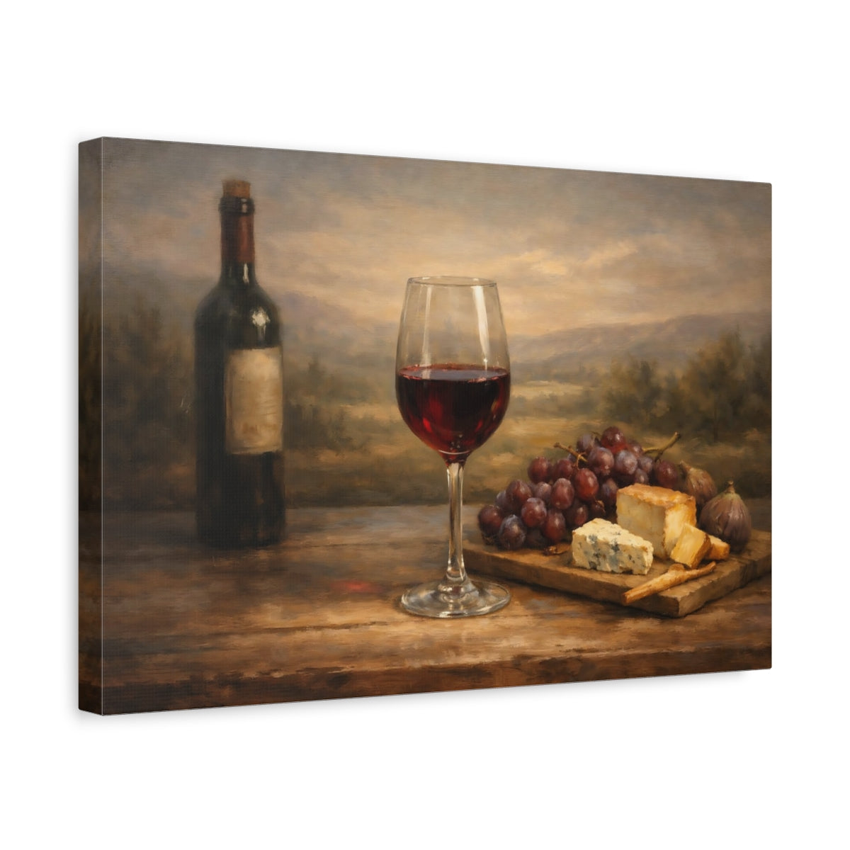 Side Mockup 4. Vintage Wine And Cheese Wine Cheese Still Life shown as stretched canvas wall art