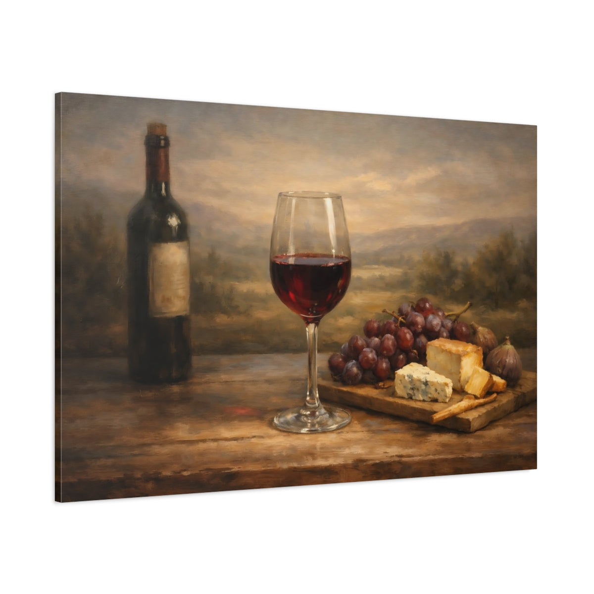 Main Mockup. Vintage Wine And Cheese Wine Cheese Still Life shown as stretched canvas wall art