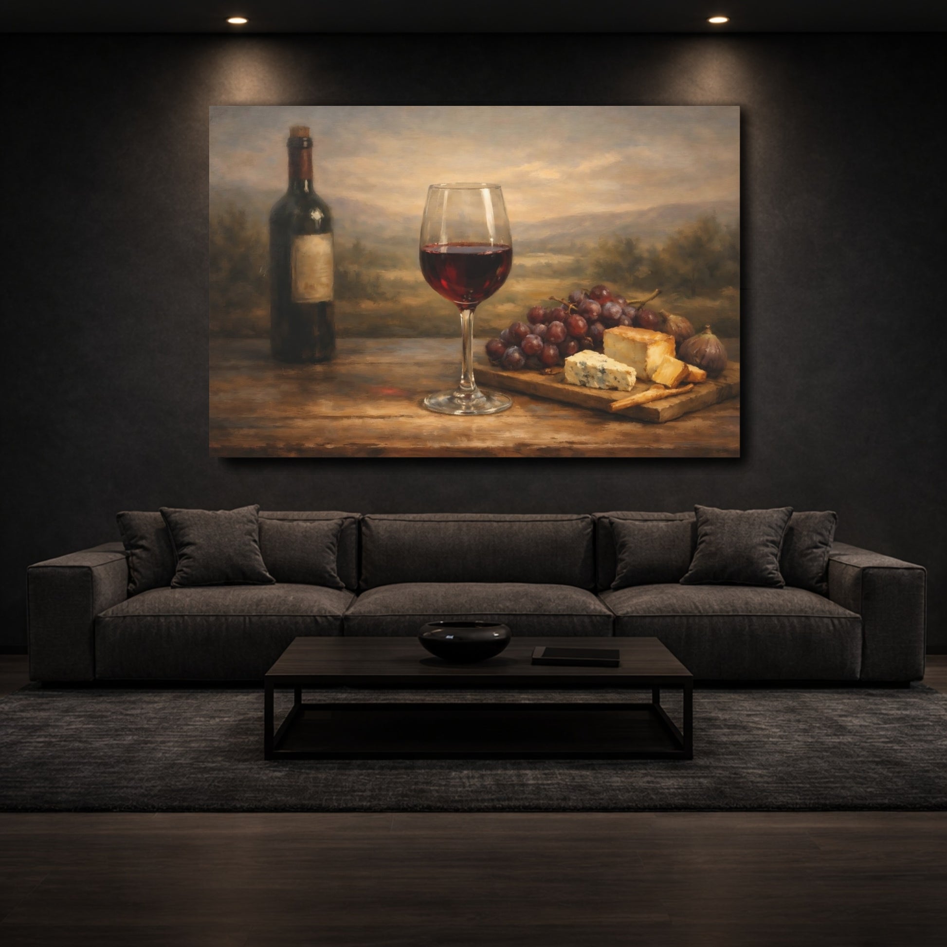 Mockup 2. Vintage Wine And Cheese Wine Cheese Still Life shown as stretched canvas wall art
