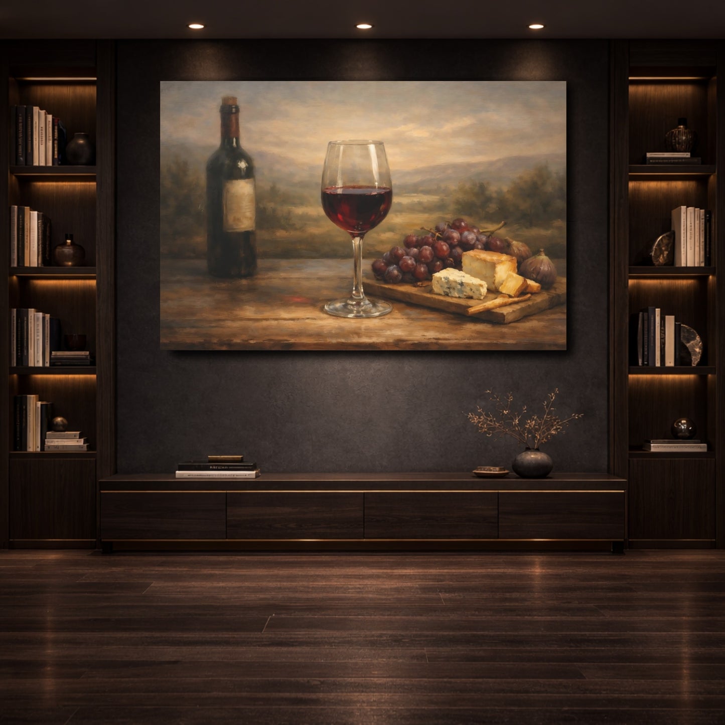 Mockup 3. Vintage Wine And Cheese Wine Cheese Still Life shown as stretched canvas wall art