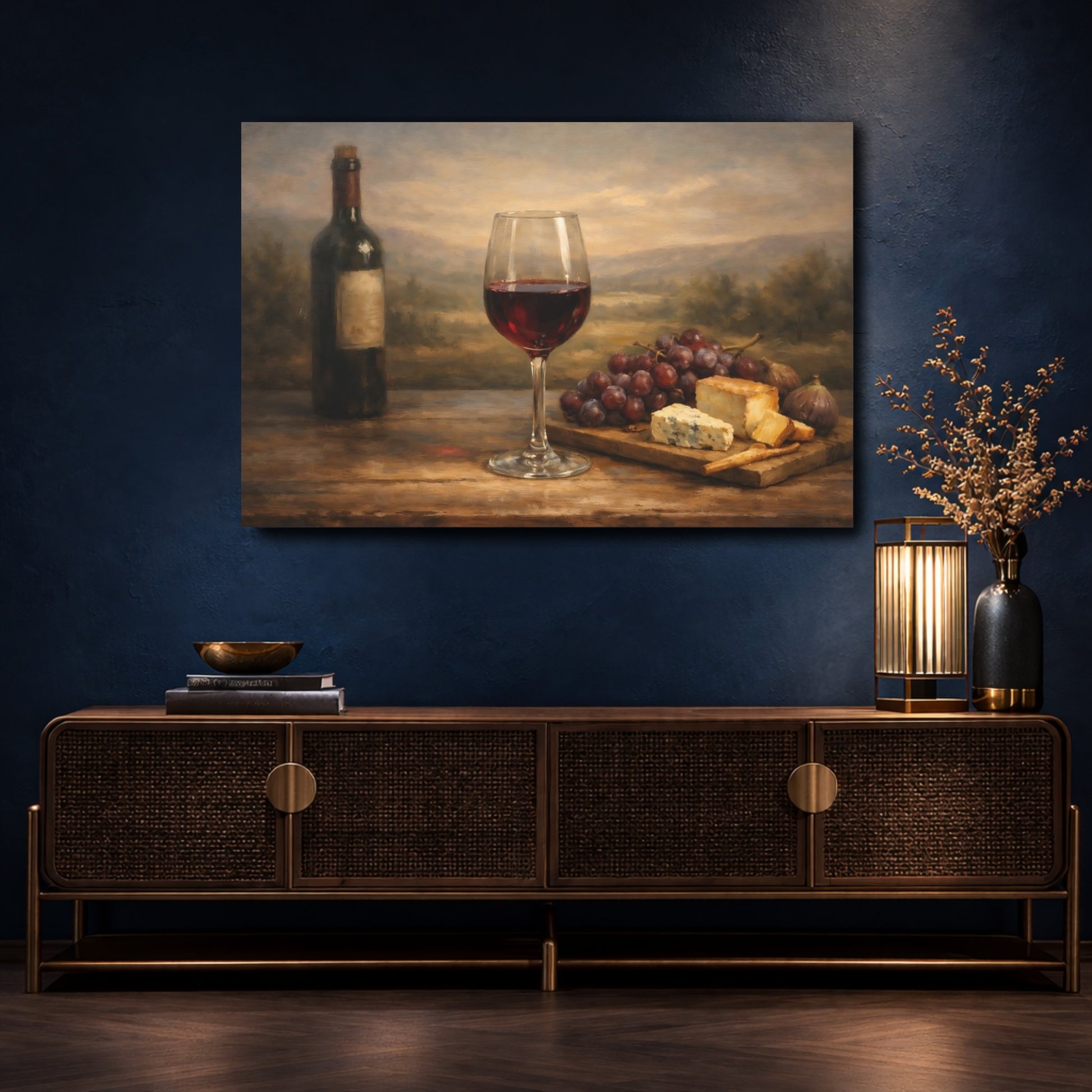 Mockup 4. Vintage Wine And Cheese Wine Cheese Still Life shown as stretched canvas wall art