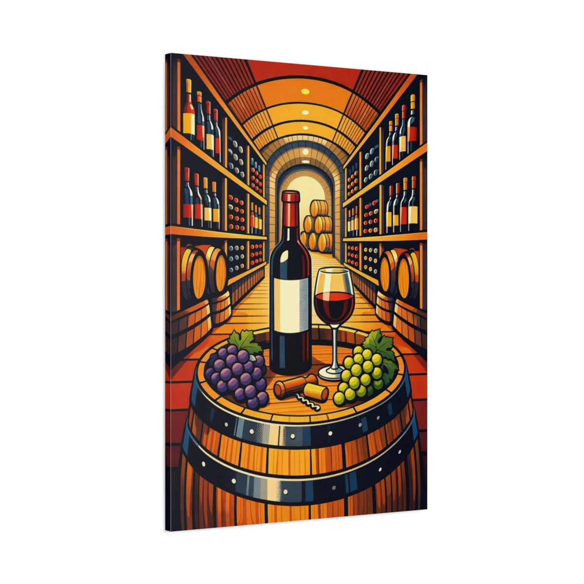 Main Mockup. Vintage Wine And Grapes Wine Cellar Scene shown as stretched canvas wall art