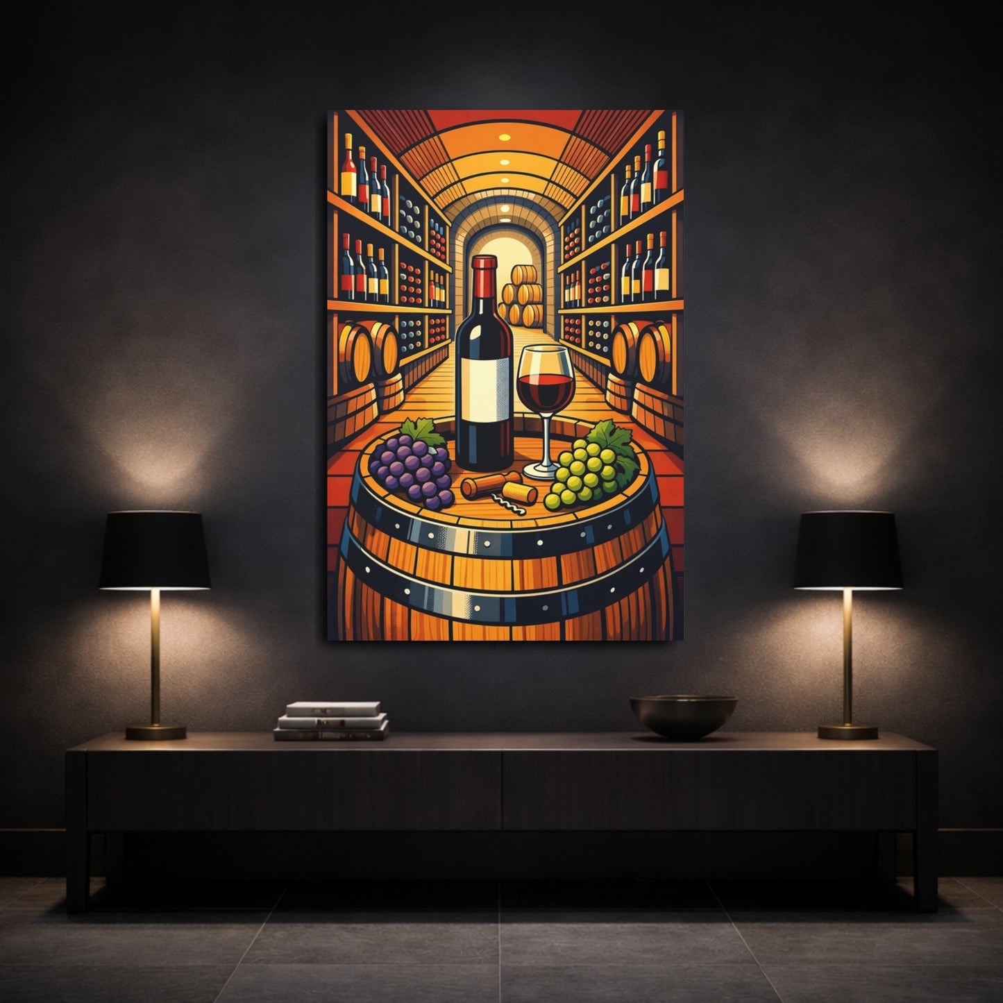 Mockup 2. Vintage Wine And Grapes Wine Cellar Scene shown as stretched canvas wall art