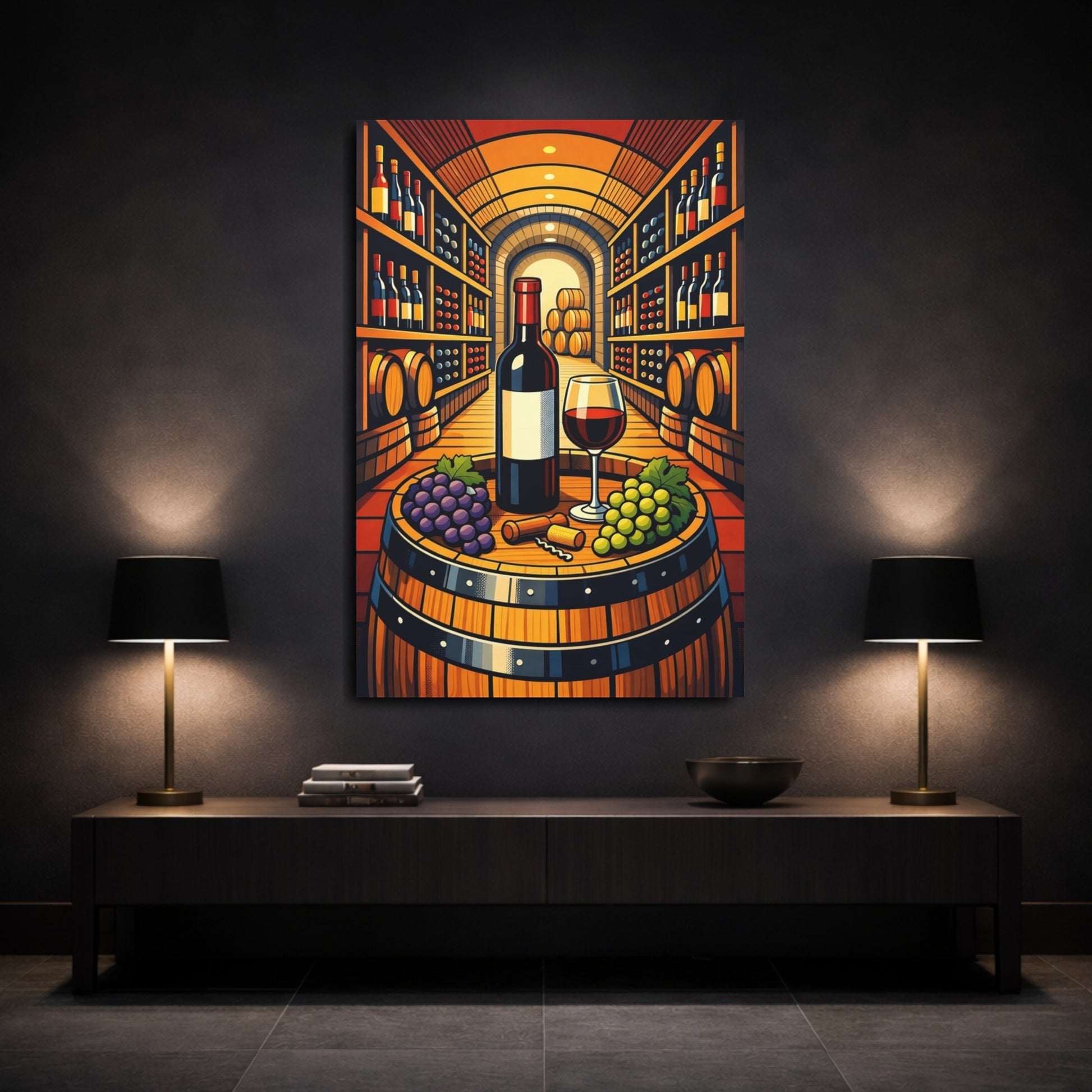 Mockup 2. Vintage Wine And Grapes Wine Cellar Scene shown as stretched canvas wall art