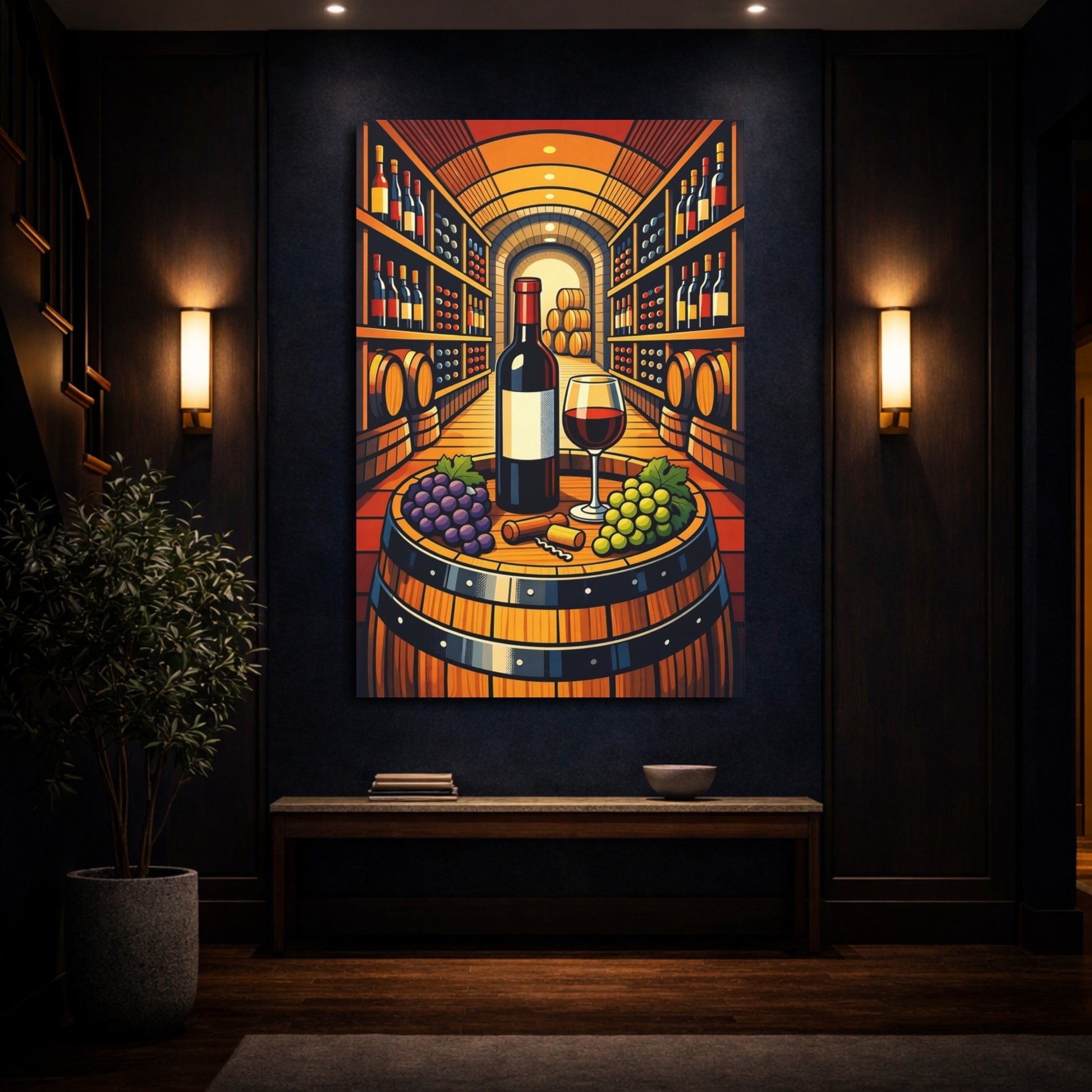 Mockup 3. Vintage Wine And Grapes Wine Cellar Scene shown as stretched canvas wall art