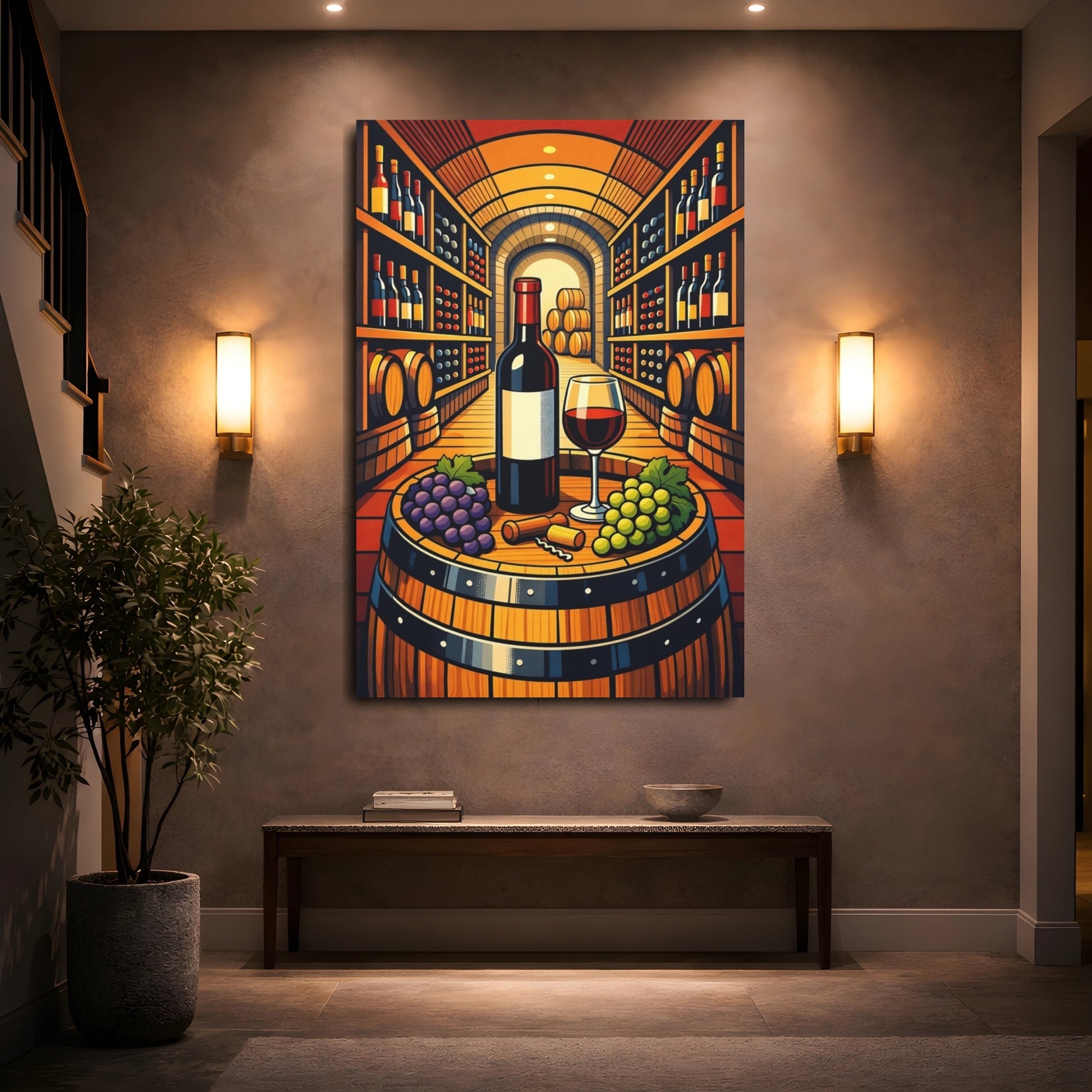 Mockup 4. Vintage Wine And Grapes Wine Cellar Scene shown as stretched canvas wall art