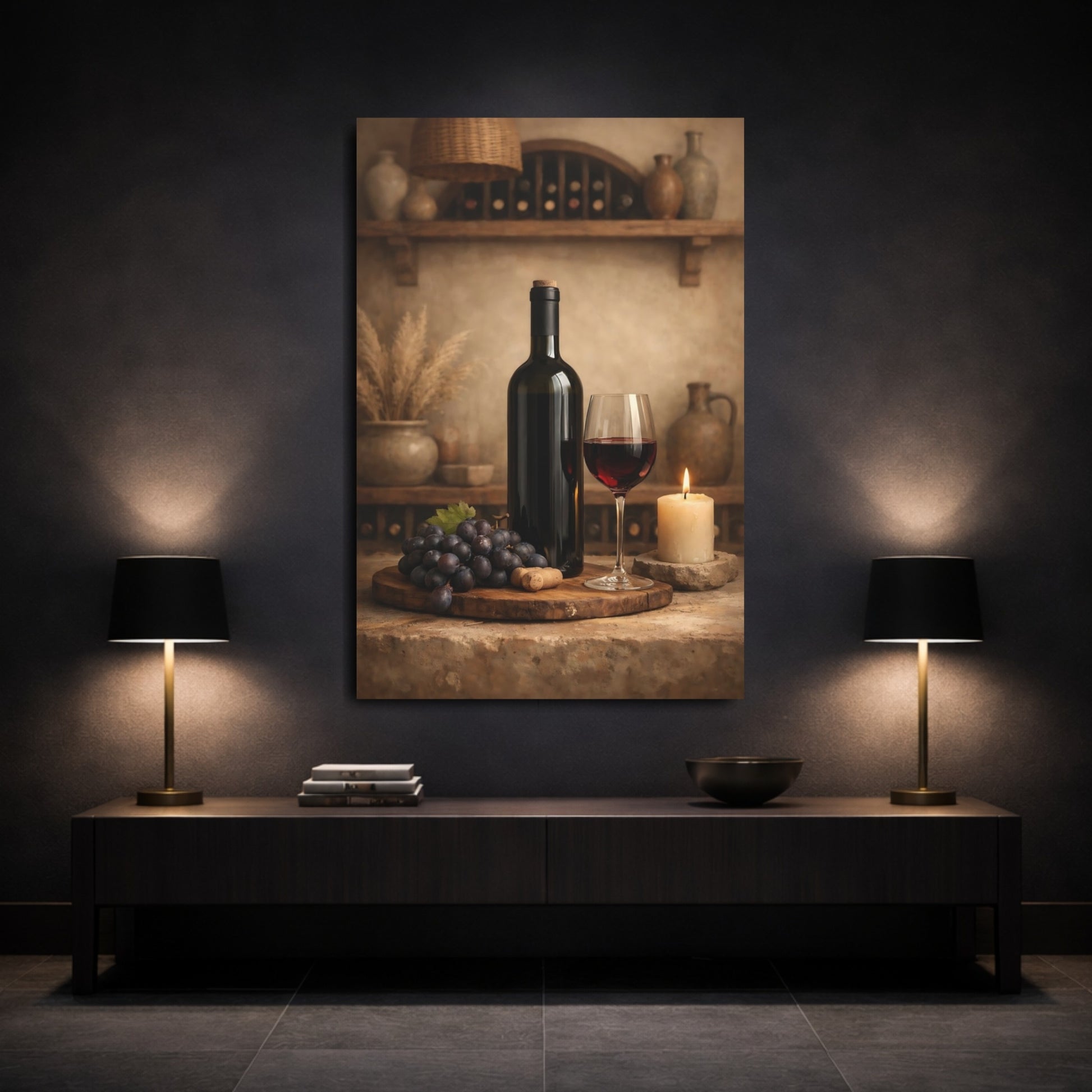 Vintage Wine Bottle And Glass Rustic Wine Brown shown as front canvas room wall art