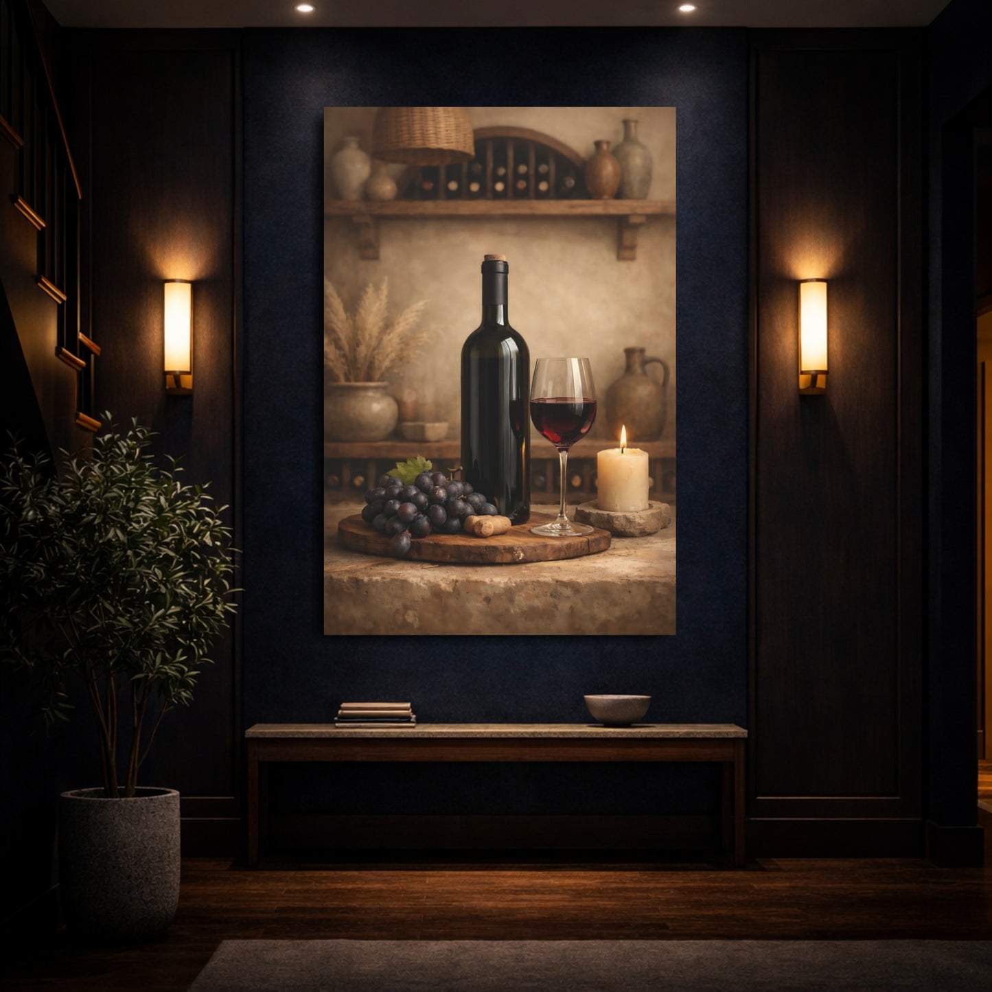 Vintage Wine Bottle And Glass Rustic Wine Brown shown as front canvas room wall art