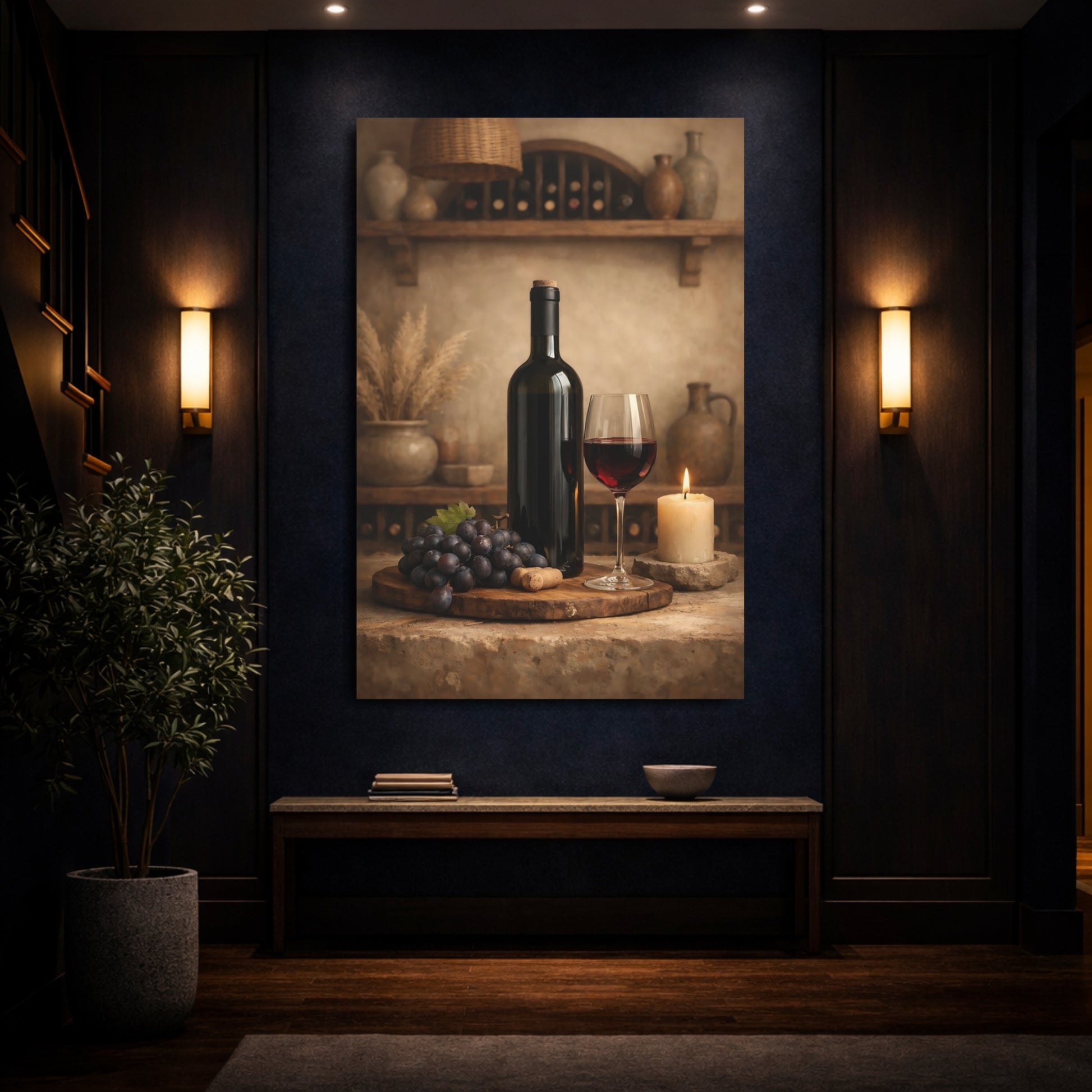 Vintage Wine Bottle And Glass Rustic Wine Brown shown as front canvas room wall art