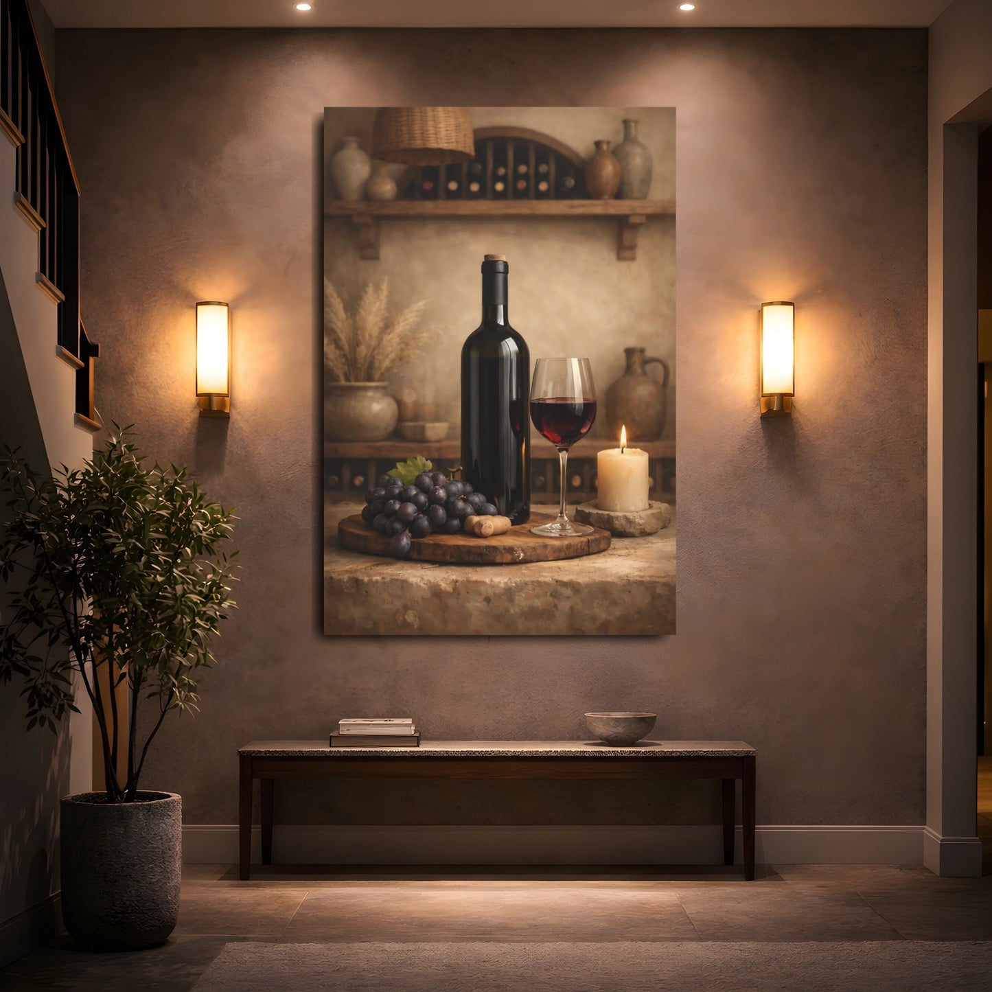 Vintage Wine Bottle And Glass Rustic Wine Brown shown as front canvas room wall art