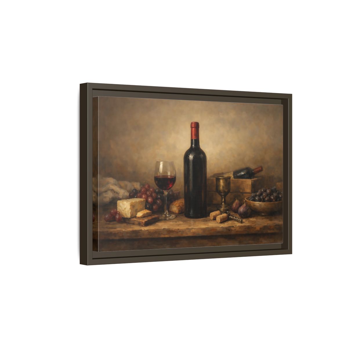 Side Mockup 5. Vintage Wine Bottle Brown And Red shown as stretched canvas wall art