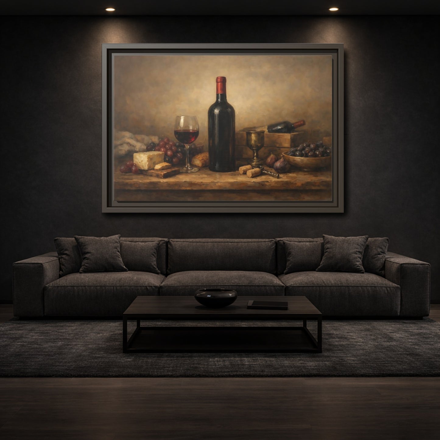 Mockup 2. Vintage Wine Bottle Brown And Red shown as stretched canvas wall art