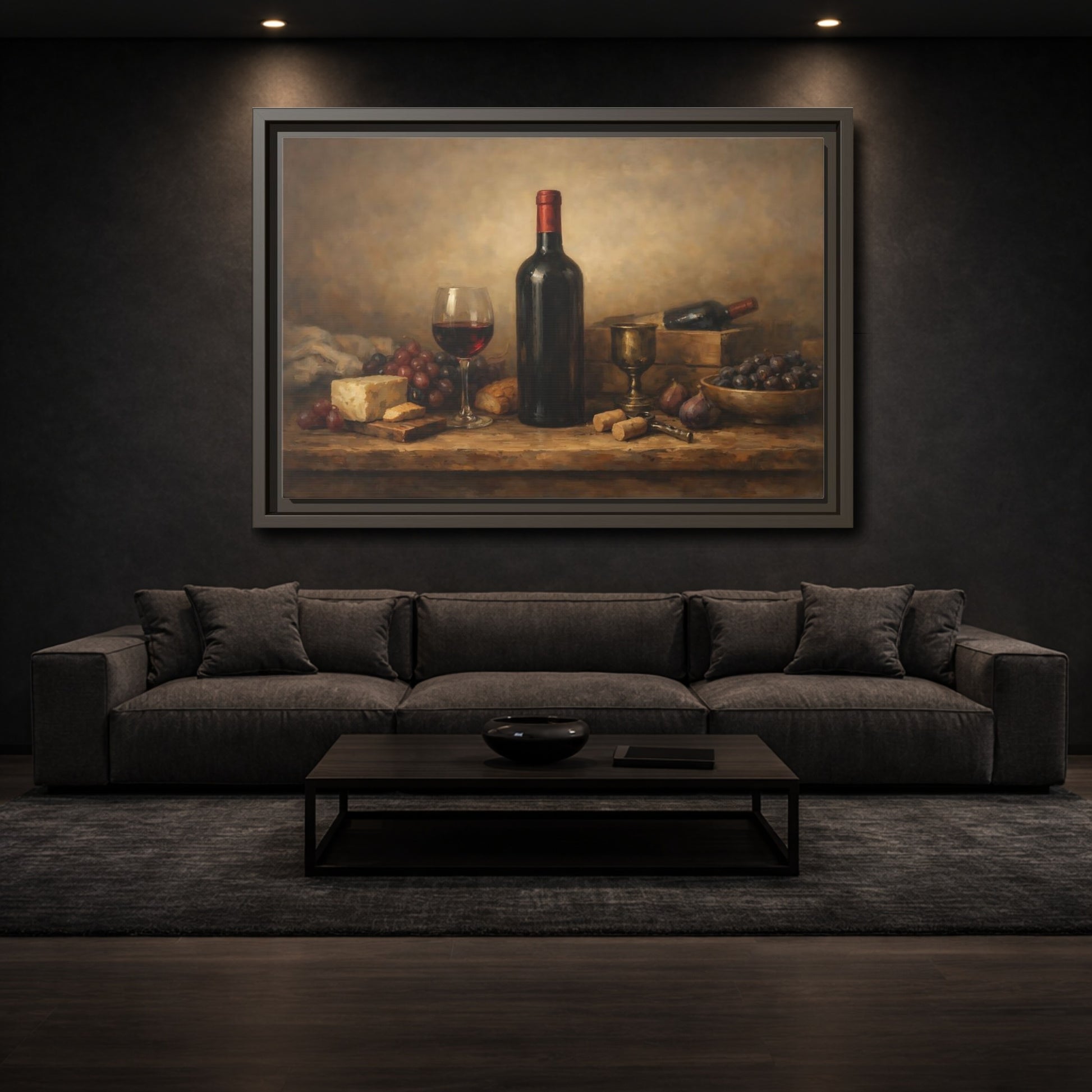 Mockup 2. Vintage Wine Bottle Brown And Red shown as stretched canvas wall art