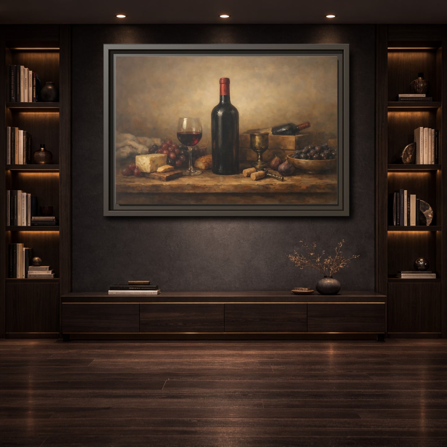 Mockup 3. Vintage Wine Bottle Brown And Red shown as stretched canvas wall art