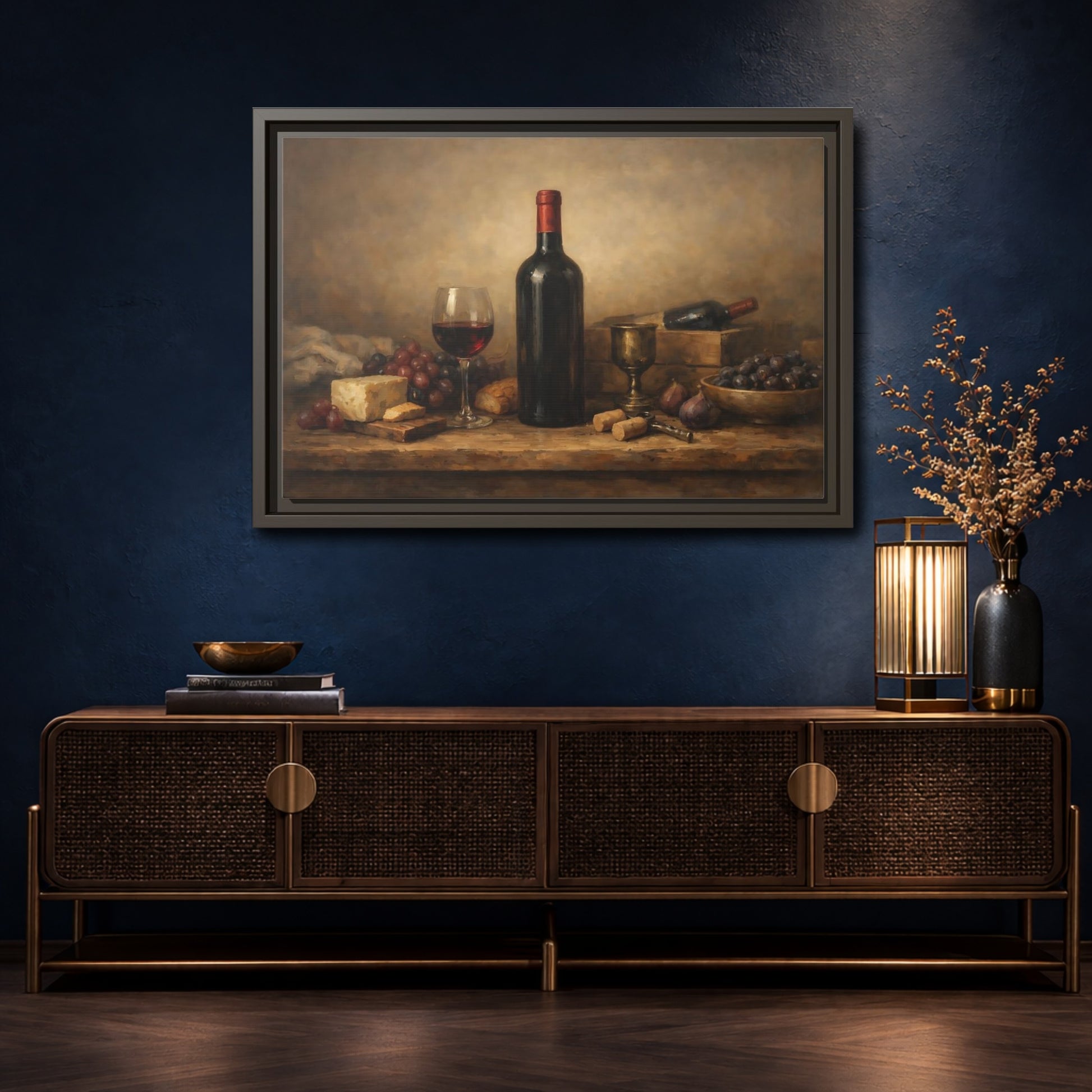 Mockup 4. Vintage Wine Bottle Brown And Red shown as stretched canvas wall art