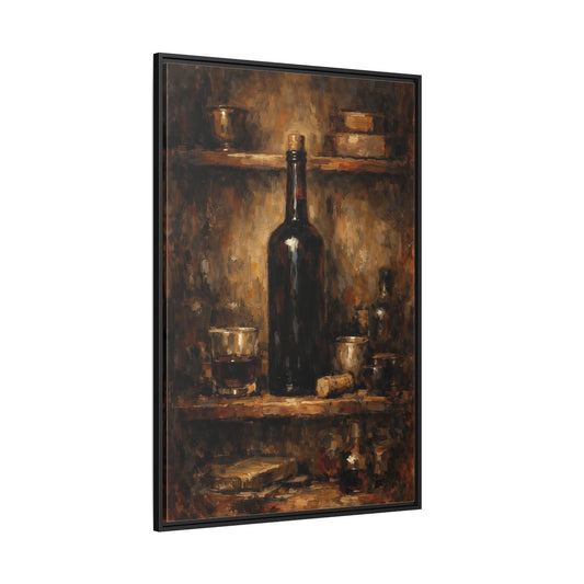 Main Mockup. Vintage Wine Bottle Brown Gold Still Life shown as stretched canvas wall art