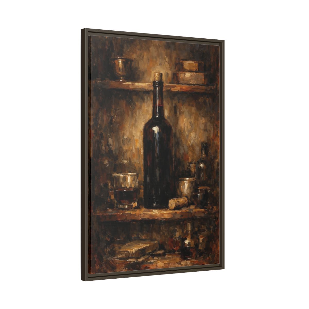 Side Mockup 10. Vintage Wine Bottle Brown Gold Still Life shown as stretched canvas wall art