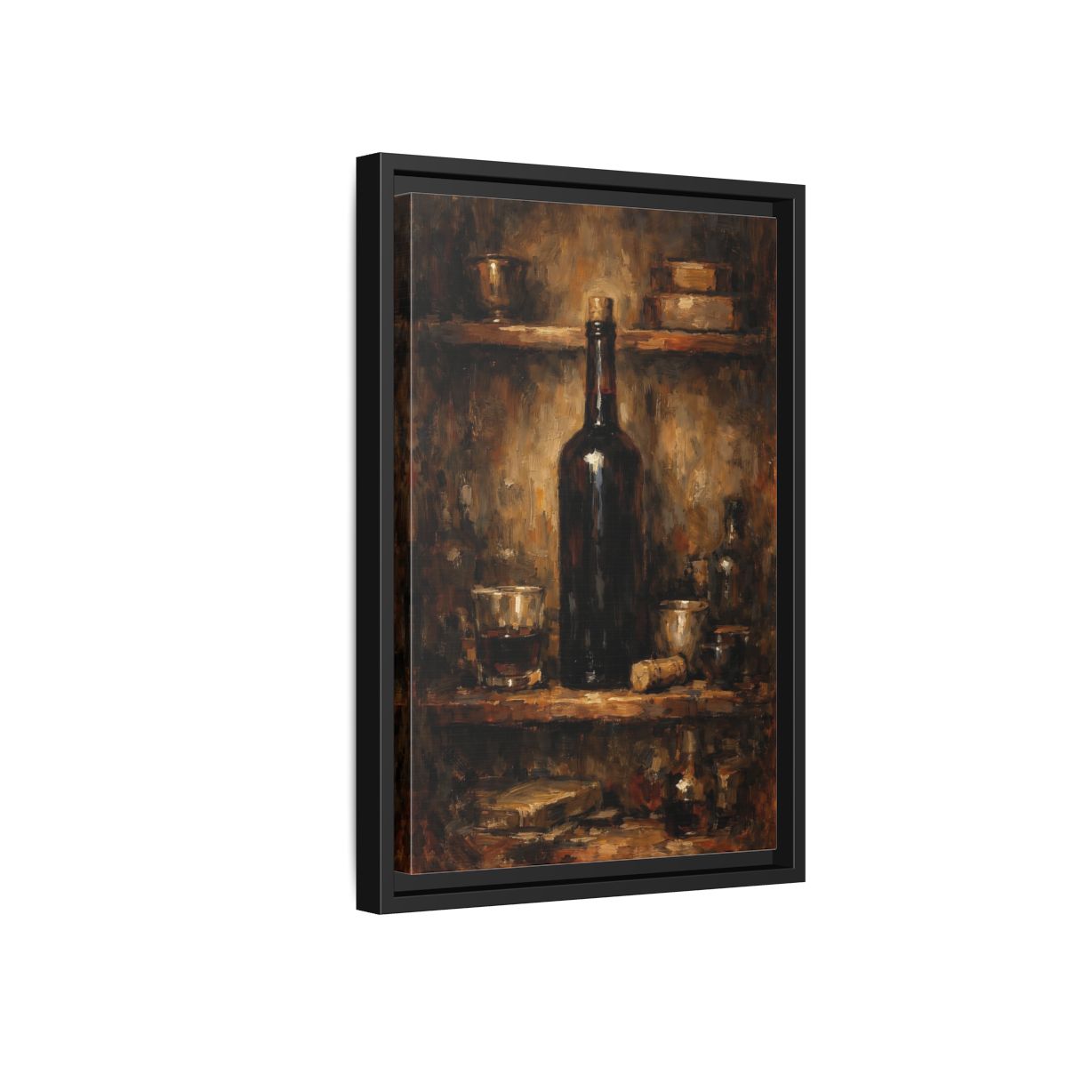 Side Mockup 6. Vintage Wine Bottle Brown Gold Still Life shown as stretched canvas wall art