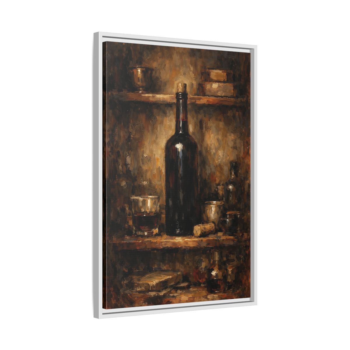 Side Mockup 11. Vintage Wine Bottle Brown Gold Still Life shown as stretched canvas wall art