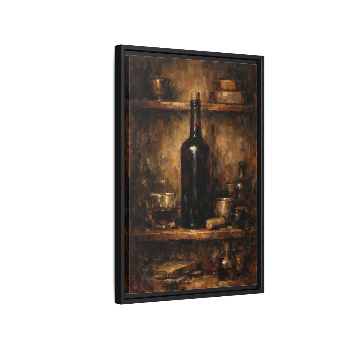 Side Mockup 3. Vintage Wine Bottle Brown Gold Still Life shown as stretched canvas wall art