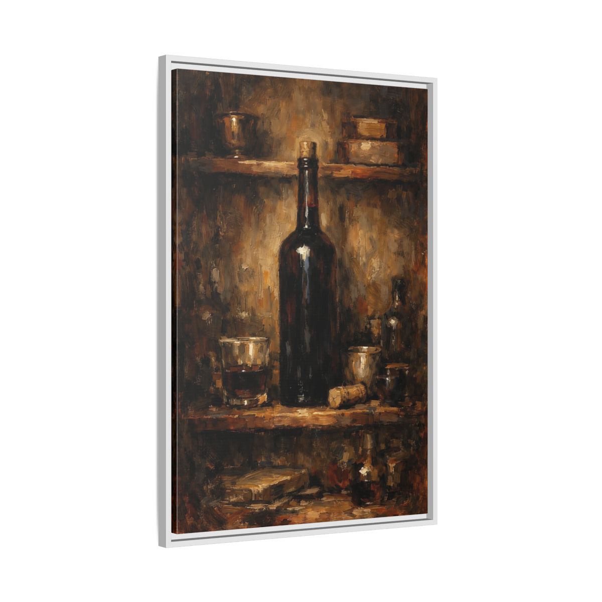 Side Mockup 9. Vintage Wine Bottle Brown Gold Still Life shown as stretched canvas wall art