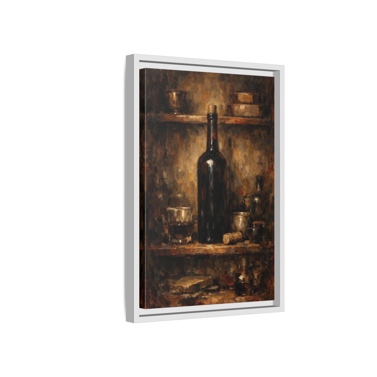 Side Mockup 4. Vintage Wine Bottle Brown Gold Still Life shown as stretched canvas wall art