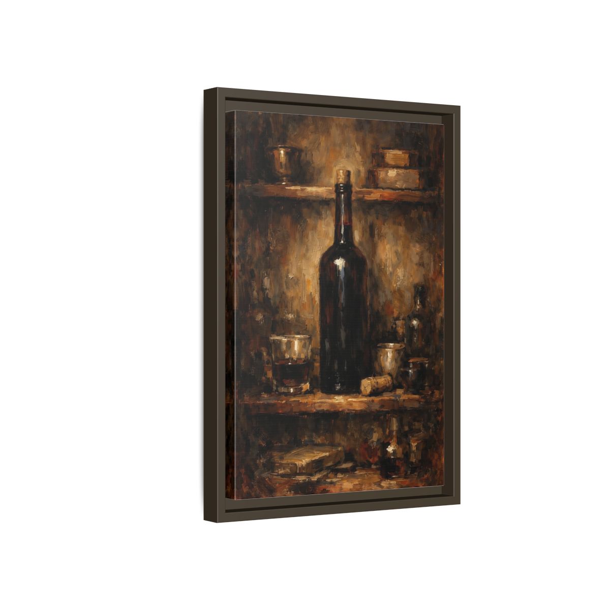 Side Mockup 5. Vintage Wine Bottle Brown Gold Still Life shown as stretched canvas wall art