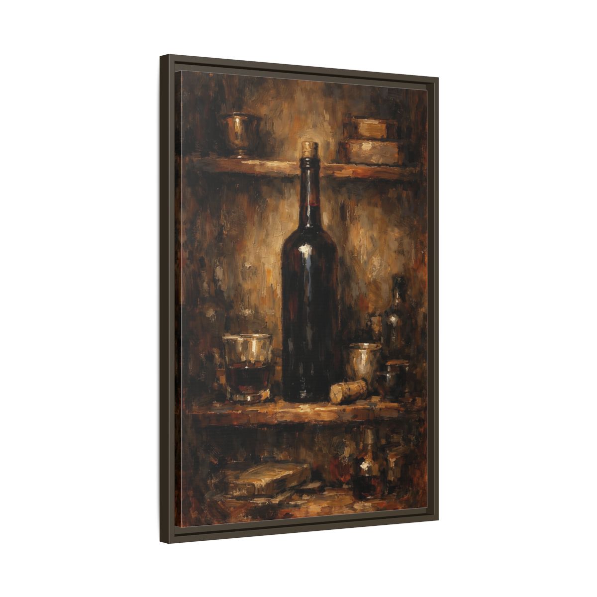 Side Mockup 12. Vintage Wine Bottle Brown Gold Still Life shown as stretched canvas wall art