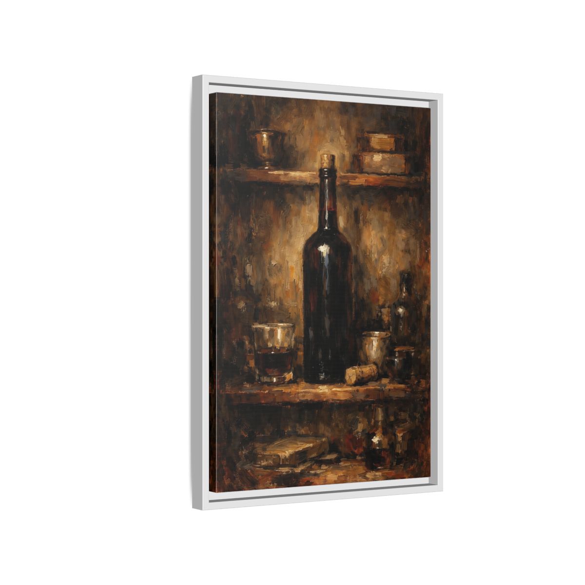 Side Mockup 1. Vintage Wine Bottle Brown Gold Still Life shown as stretched canvas wall art