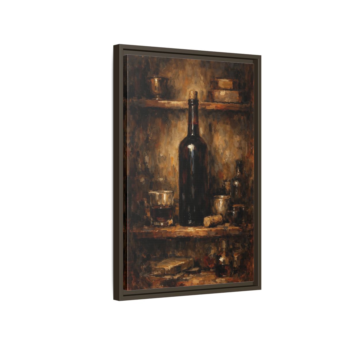 Side Mockup 2. Vintage Wine Bottle Brown Gold Still Life shown as stretched canvas wall art