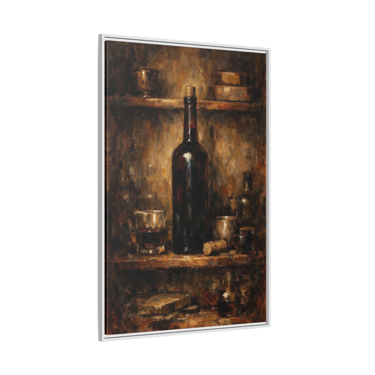 Side Mockup 7. Vintage Wine Bottle Brown Gold Still Life shown as stretched canvas wall art