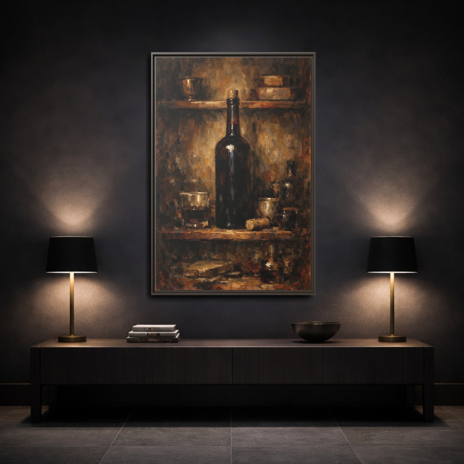 Mockup 2. Vintage Wine Bottle Brown Gold Still Life shown as stretched canvas wall art