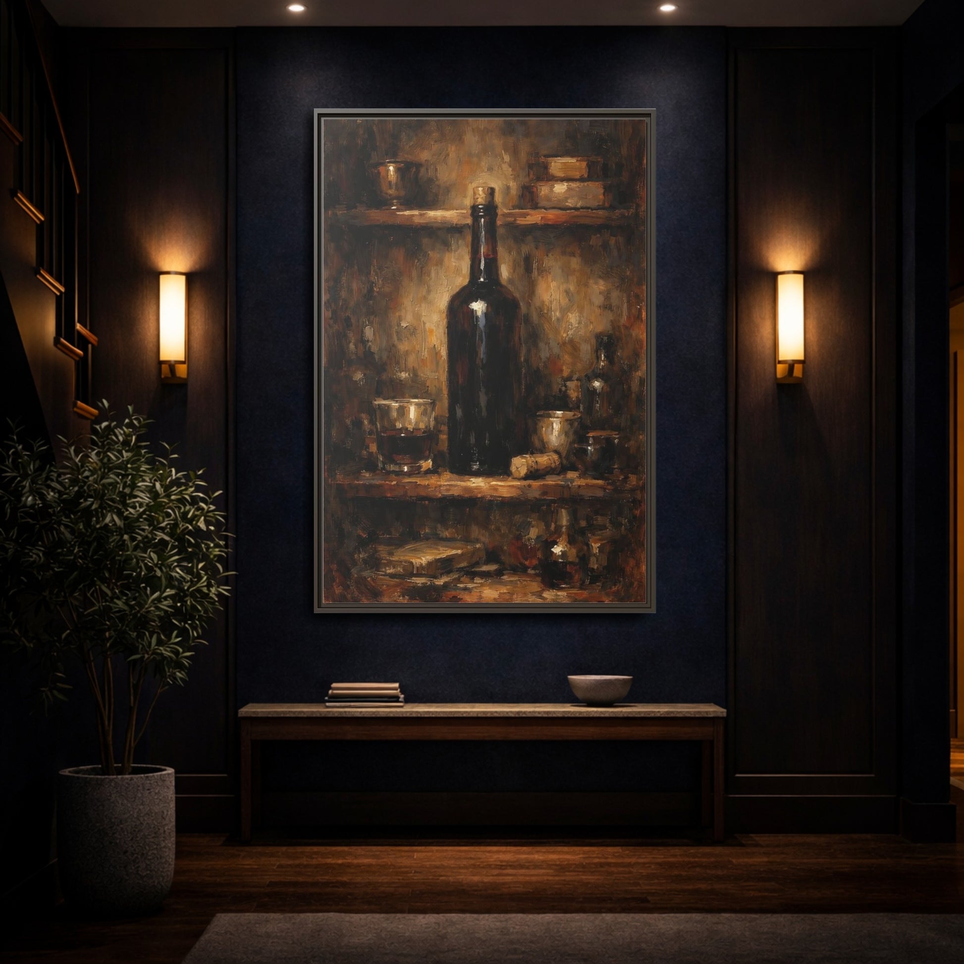 Mockup 3. Vintage Wine Bottle Brown Gold Still Life shown as stretched canvas wall art