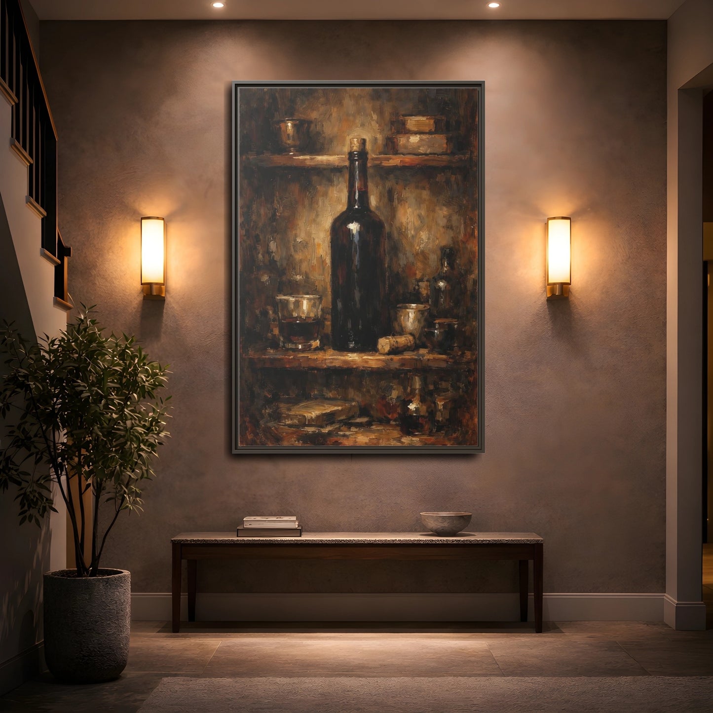 Mockup 4. Vintage Wine Bottle Brown Gold Still Life shown as stretched canvas wall art