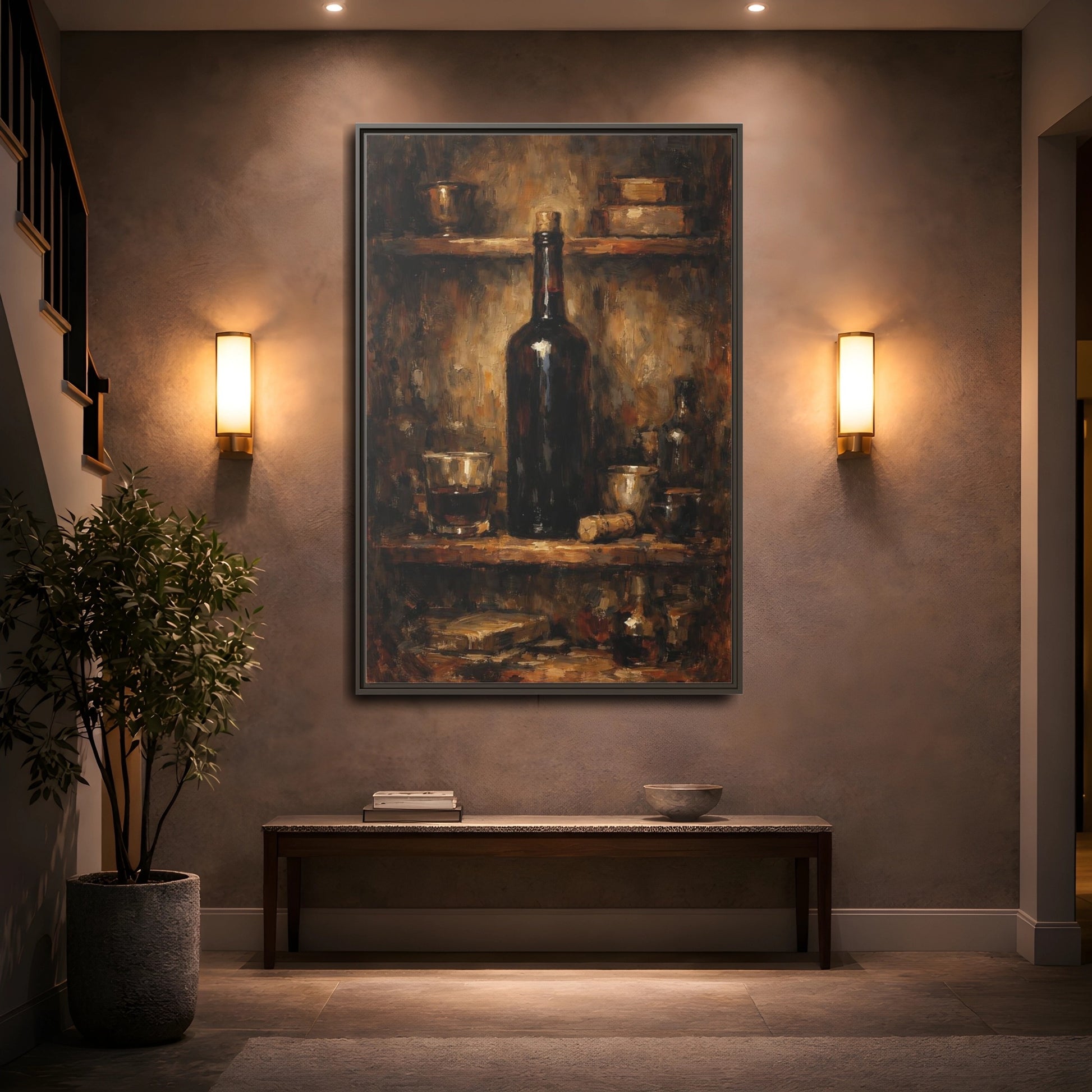 Mockup 4. Vintage Wine Bottle Brown Gold Still Life shown as stretched canvas wall art