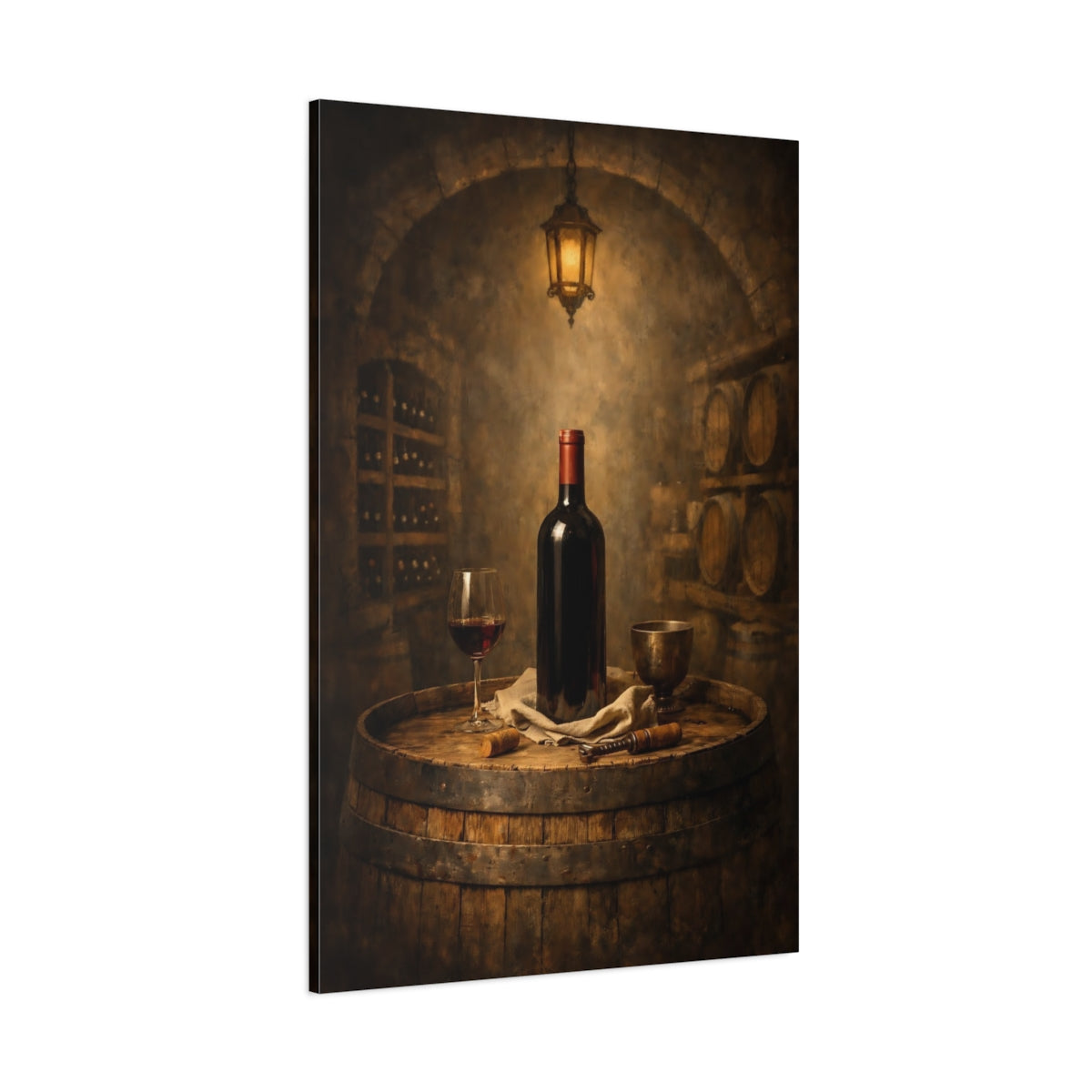 Main Mockup. Vintage Wine Bottle Wine Barrel shown as stretched canvas wall art