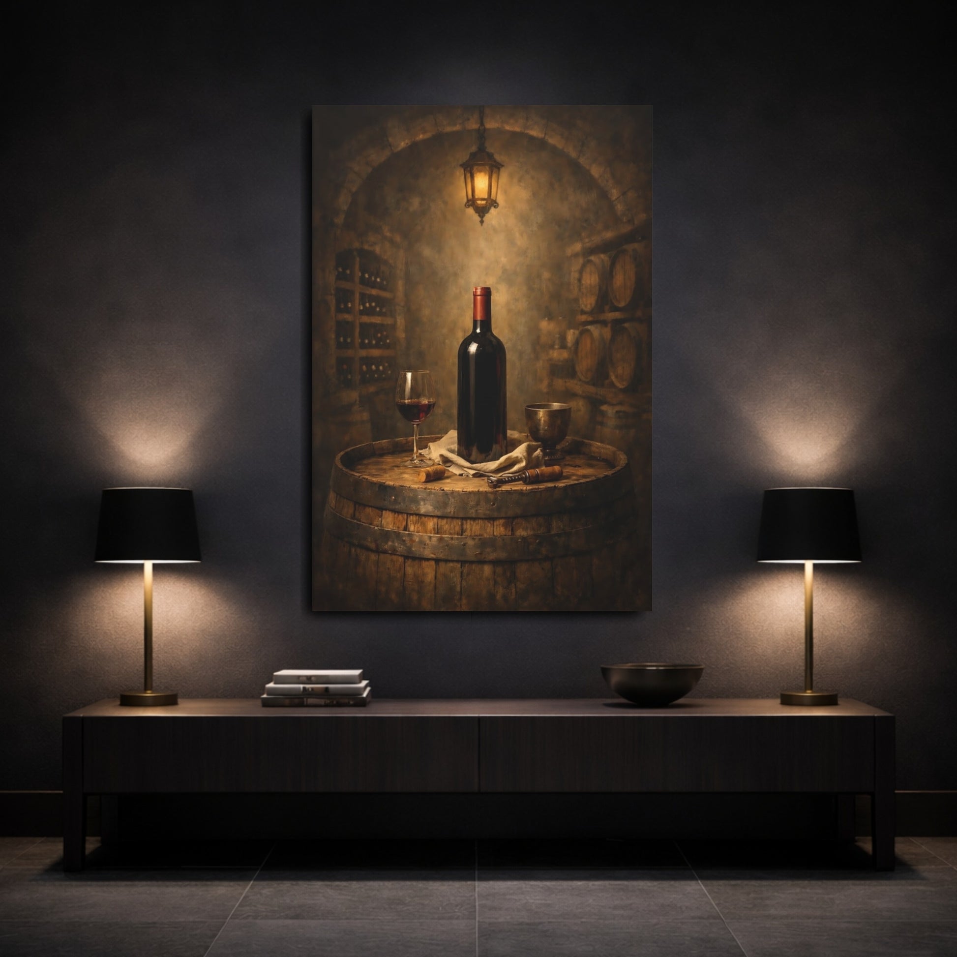 Mockup 2. Vintage Wine Bottle Wine Barrel shown as stretched canvas wall art
