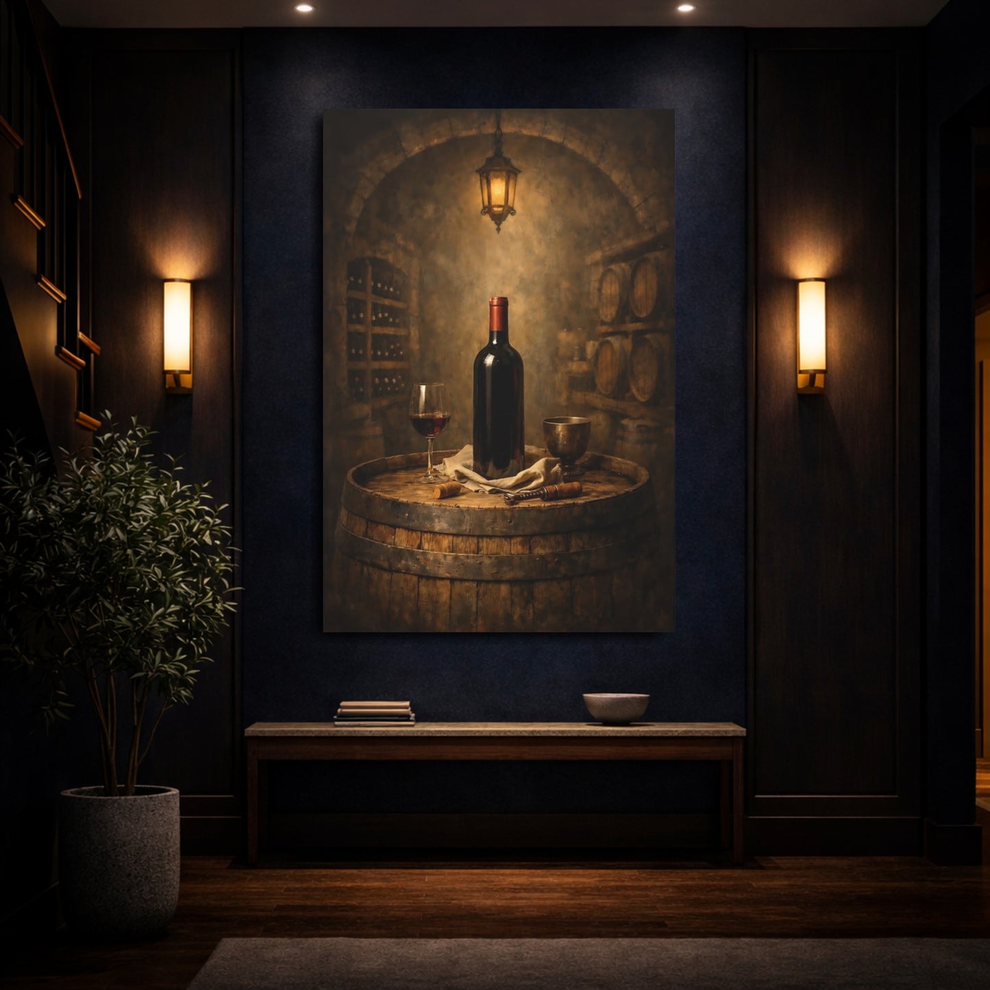 Mockup 3. Vintage Wine Bottle Wine Barrel shown as stretched canvas wall art