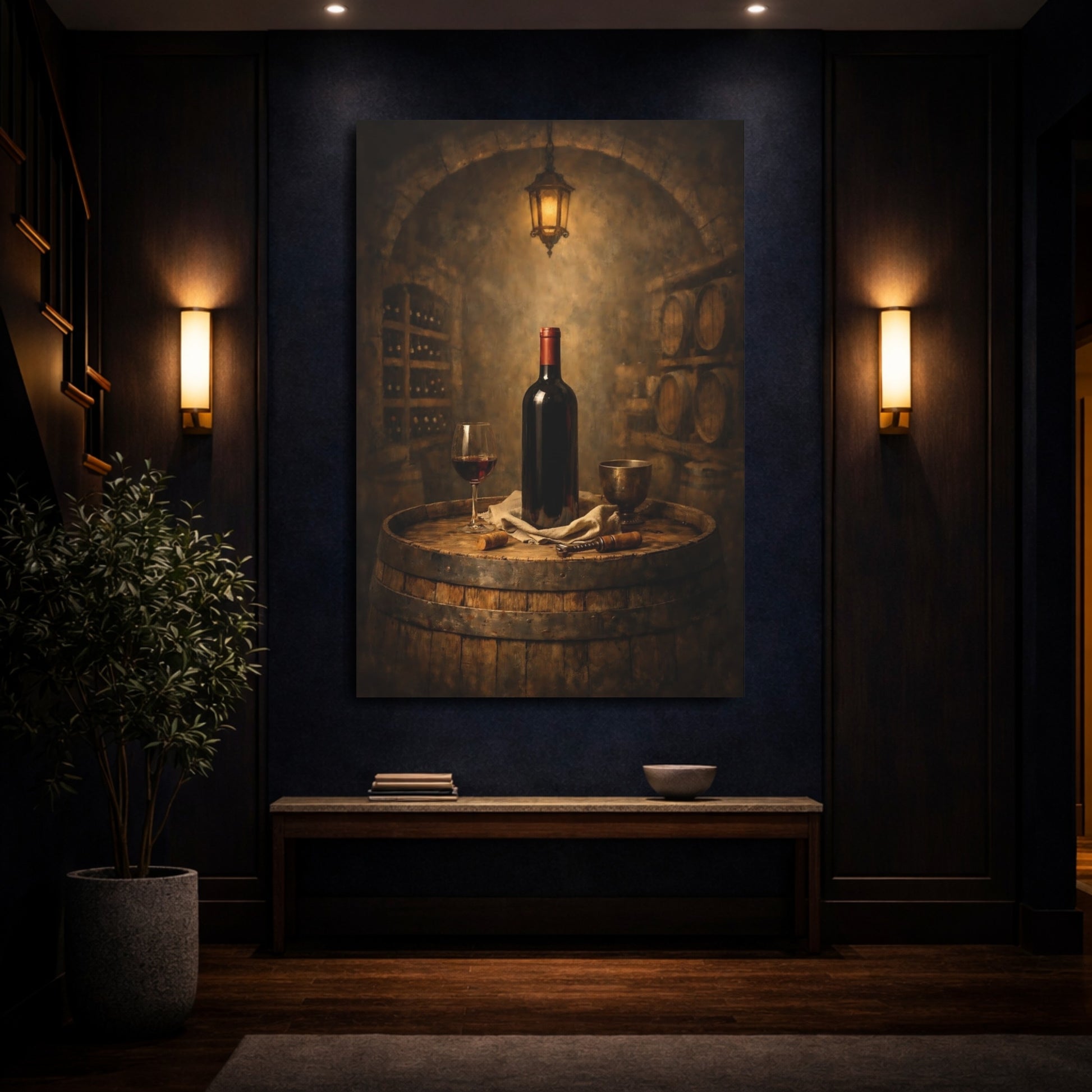 Mockup 3. Vintage Wine Bottle Wine Barrel shown as stretched canvas wall art