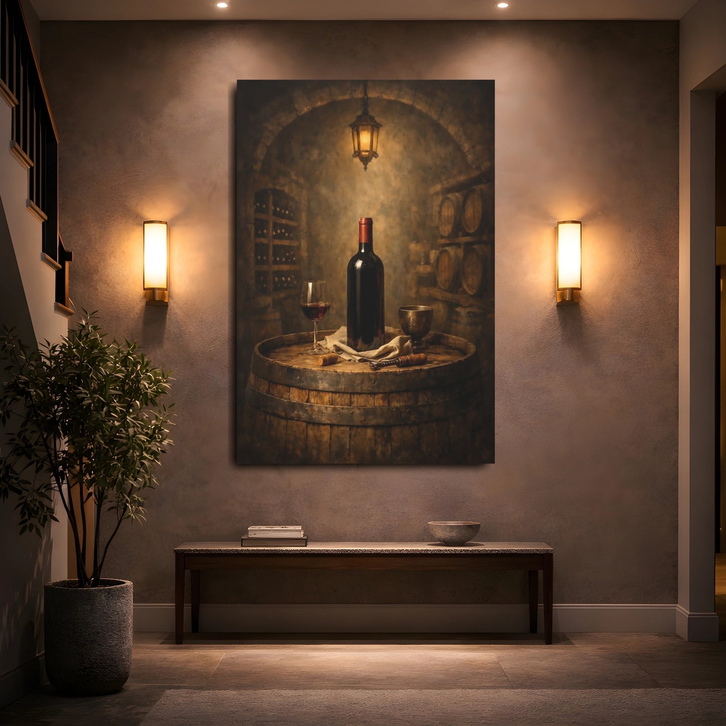 Mockup 4. Vintage Wine Bottle Wine Barrel shown as stretched canvas wall art