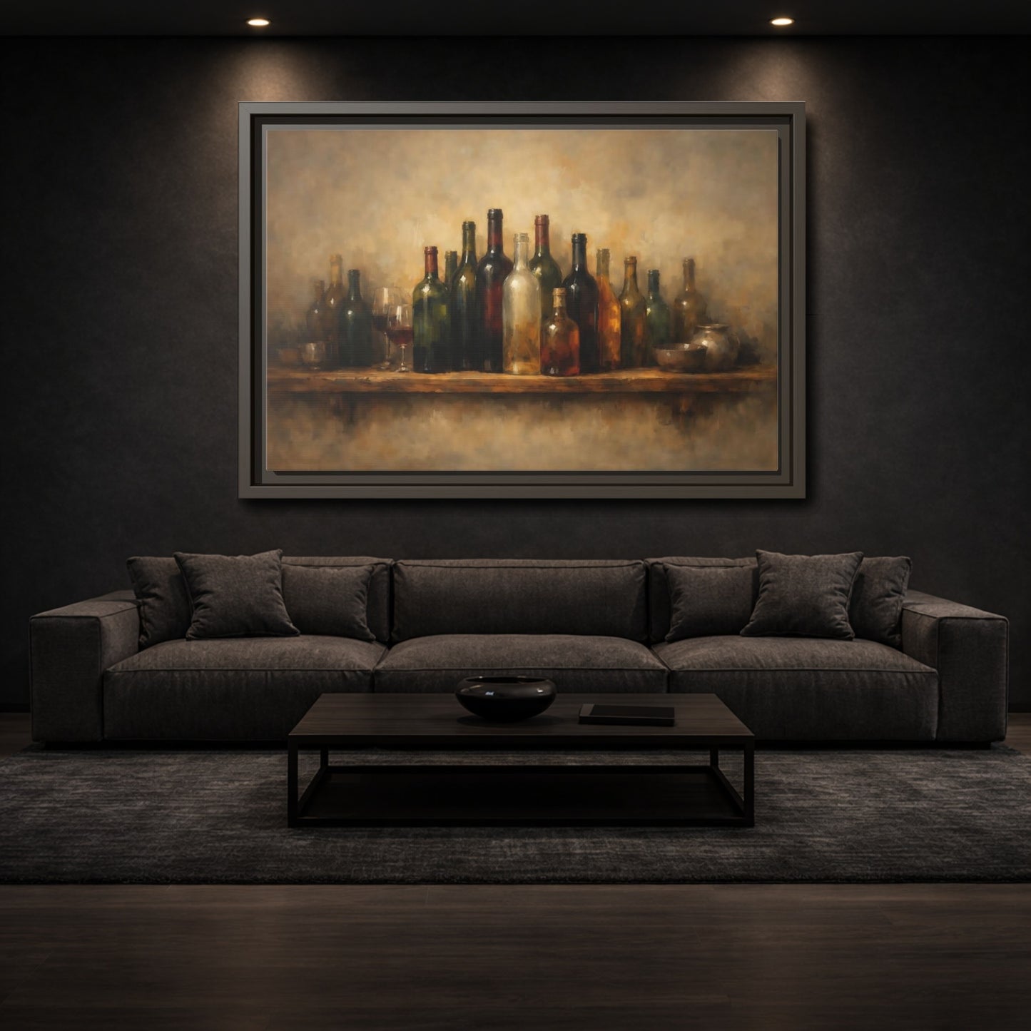 Mockup 2. Vintage Wine Bottles Rustic Bottles shown as stretched canvas wall art