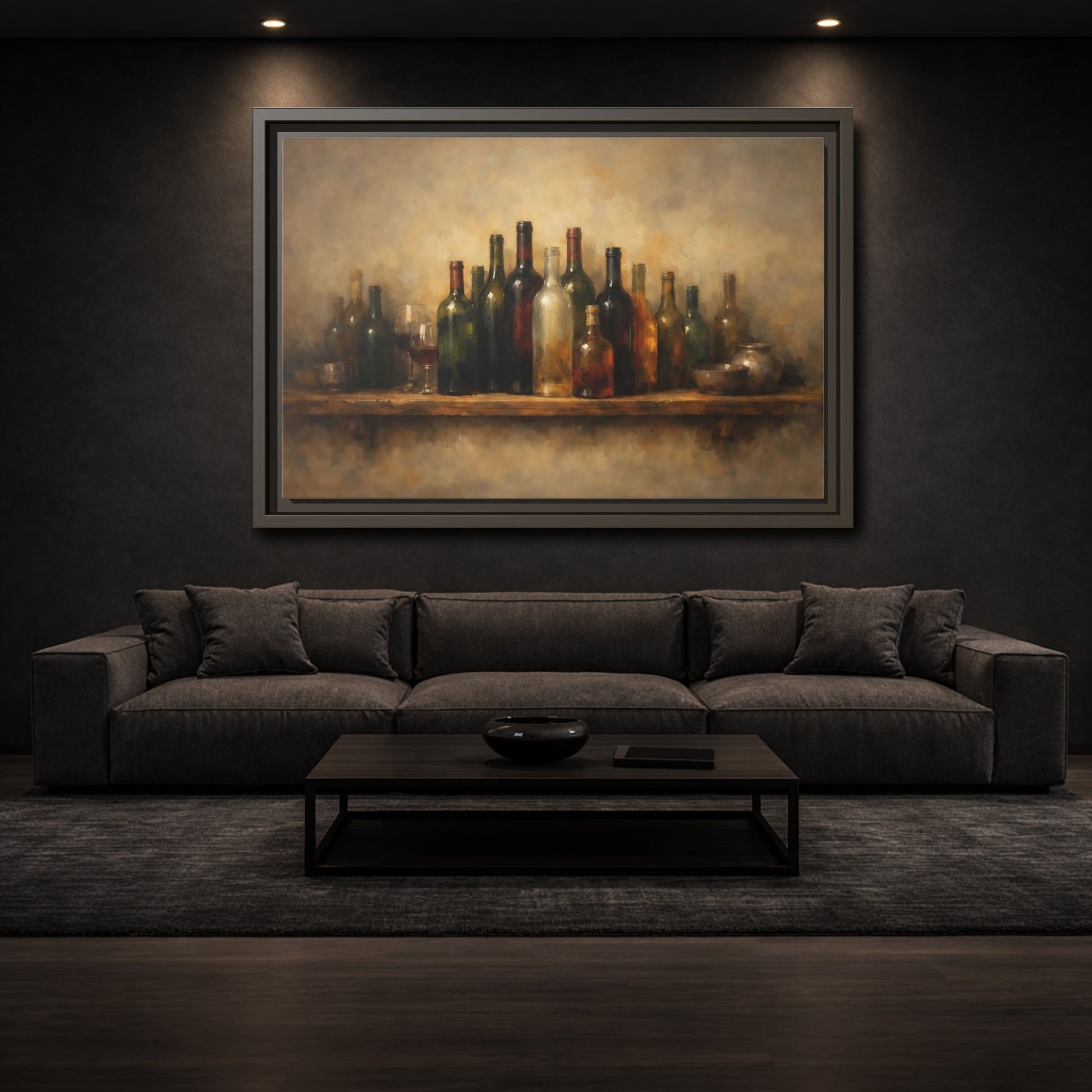 Mockup 2. Vintage Wine Bottles Rustic Bottles shown as stretched canvas wall art