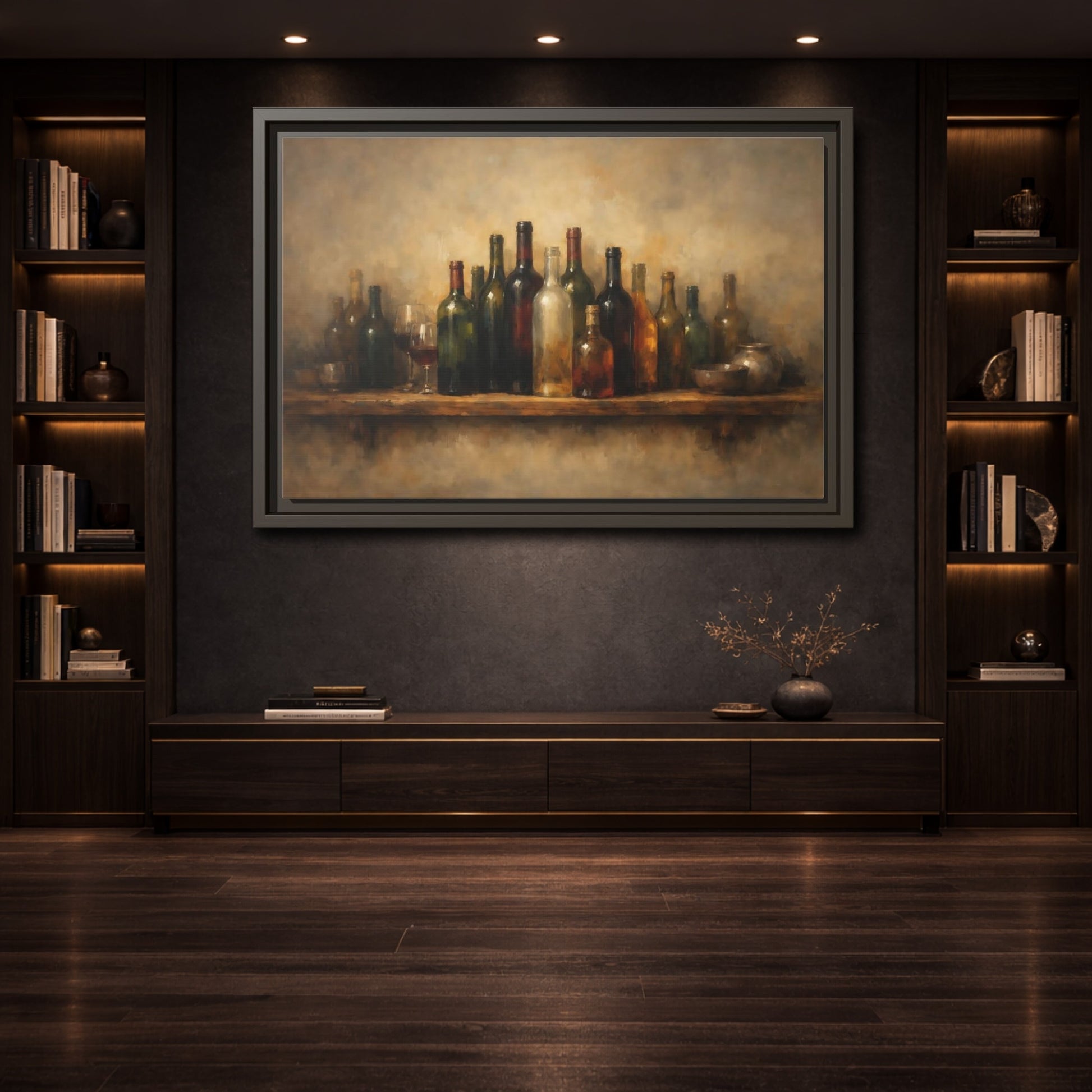 Mockup 3. Vintage Wine Bottles Rustic Bottles shown as stretched canvas wall art